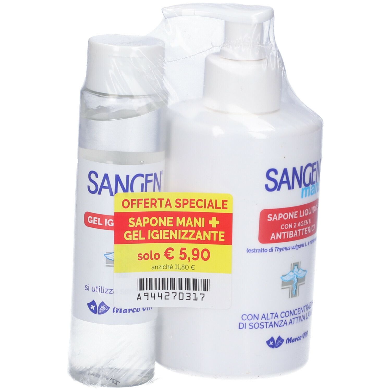 Set Sangen sapone e gel. Flaconi bianchi con dosatore e flacone piccolo. Etichetta prezzo gialla.