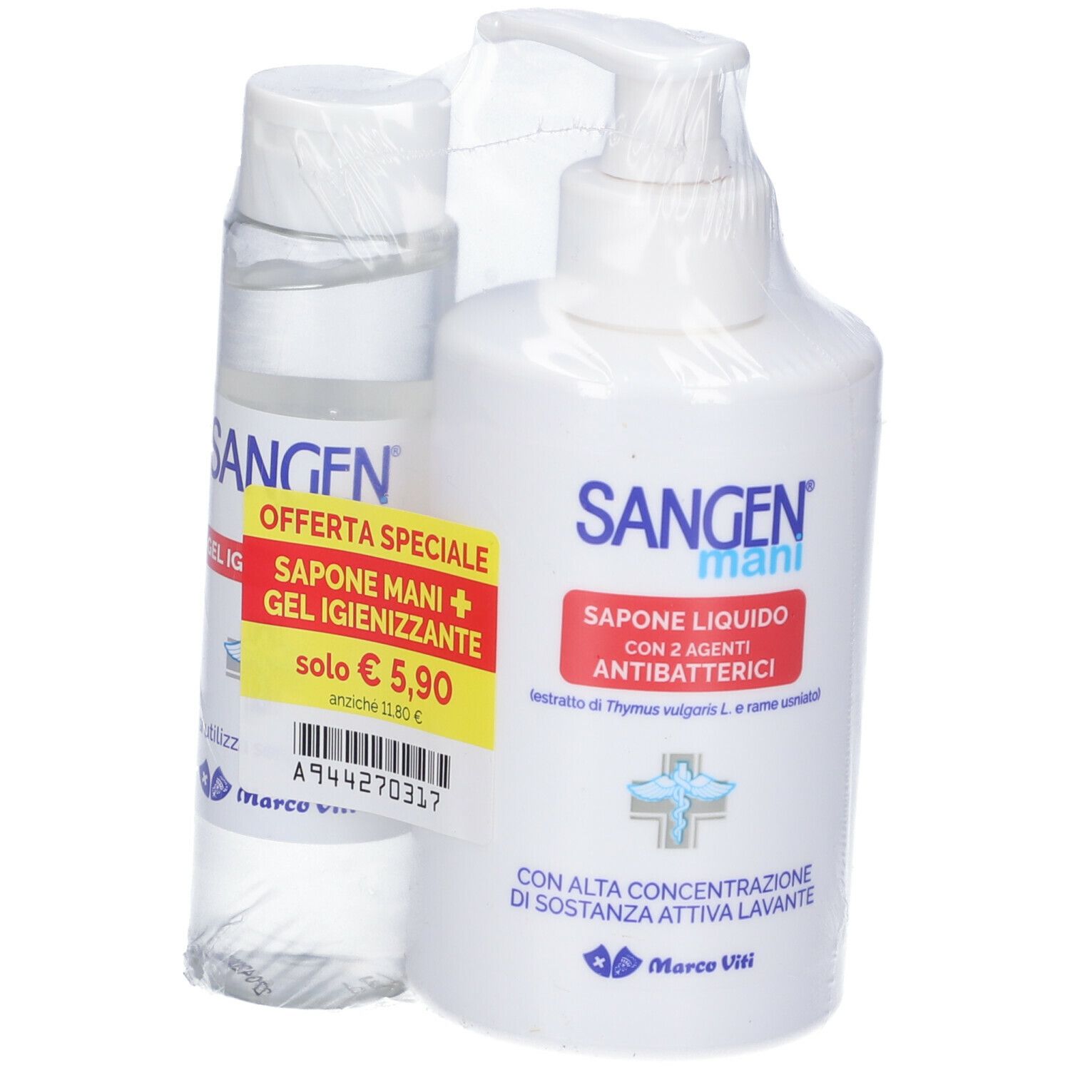 Set Sangen sapone e gel. Flaconi bianchi con dosatore e flacone piccolo. Etichetta prezzo gialla.