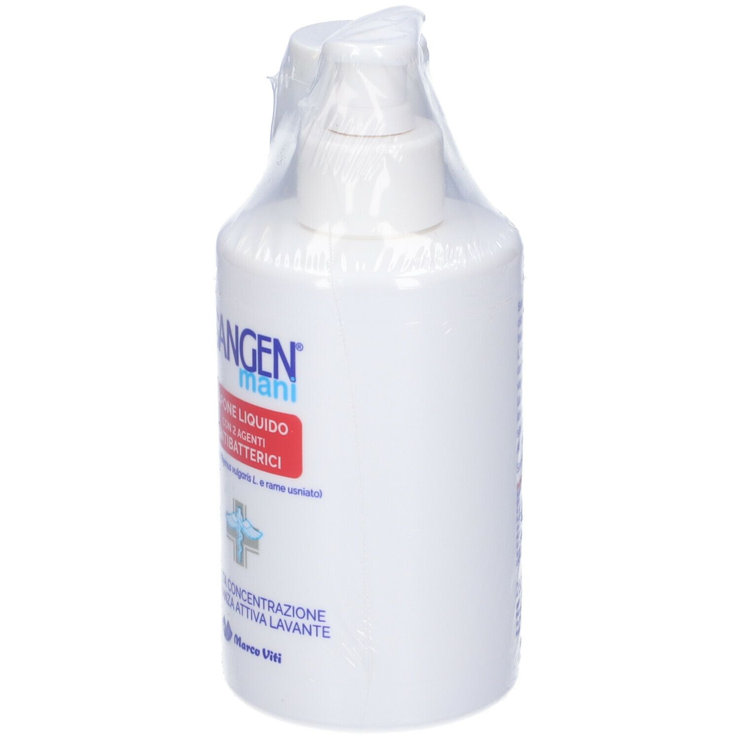 Sangen sapone mani. Flacone bianco con dosatore. Scritta rossa. Confezionato in plastica.