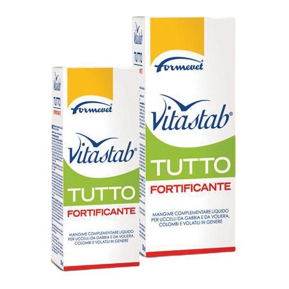 Due confezioni di Vitastab Tutto Fortificante. Entrambe mostrano il logo Formevet.