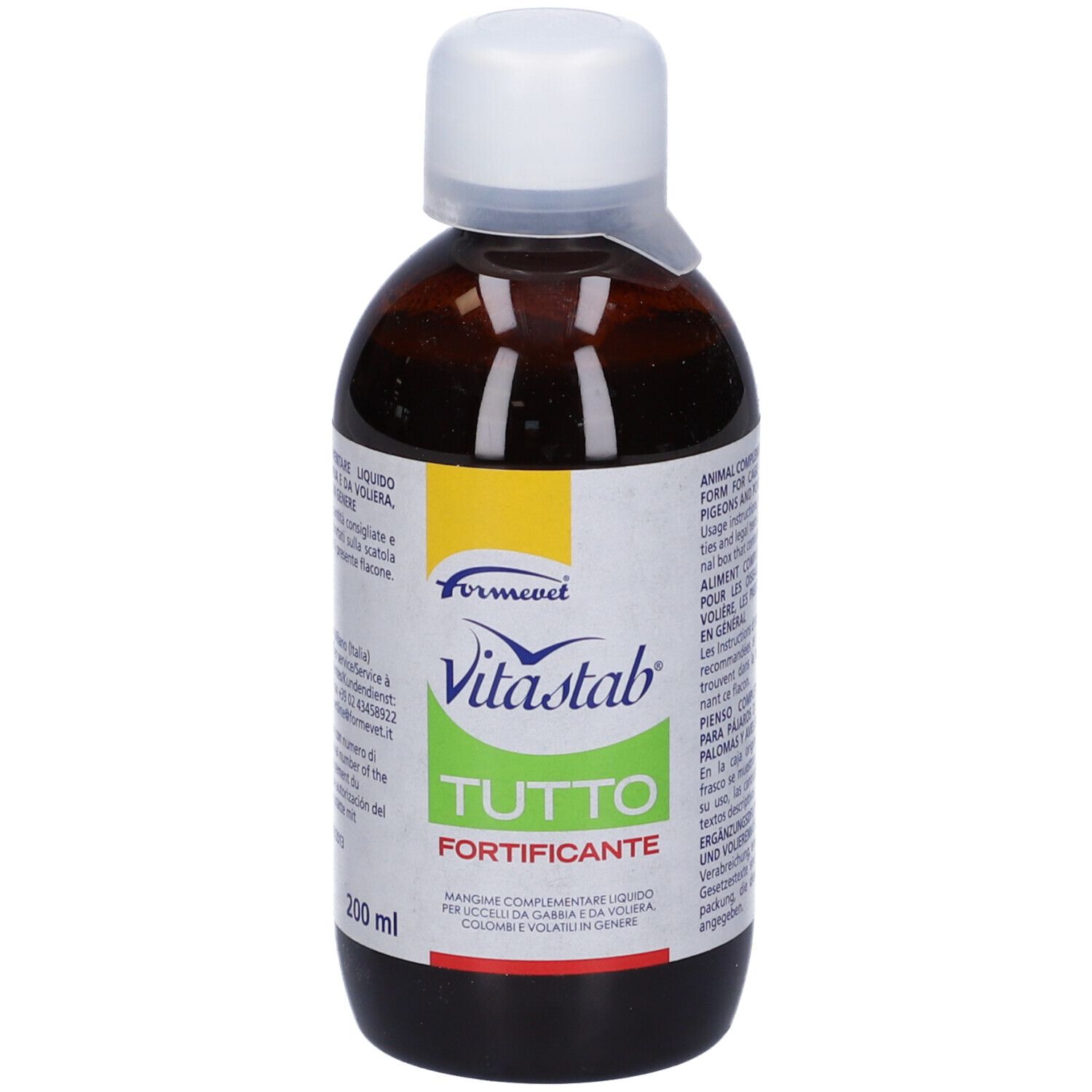 Flacone marrone con tappo bianco. Scritta: Vitastab Tutto Fortificante. 200 ml.