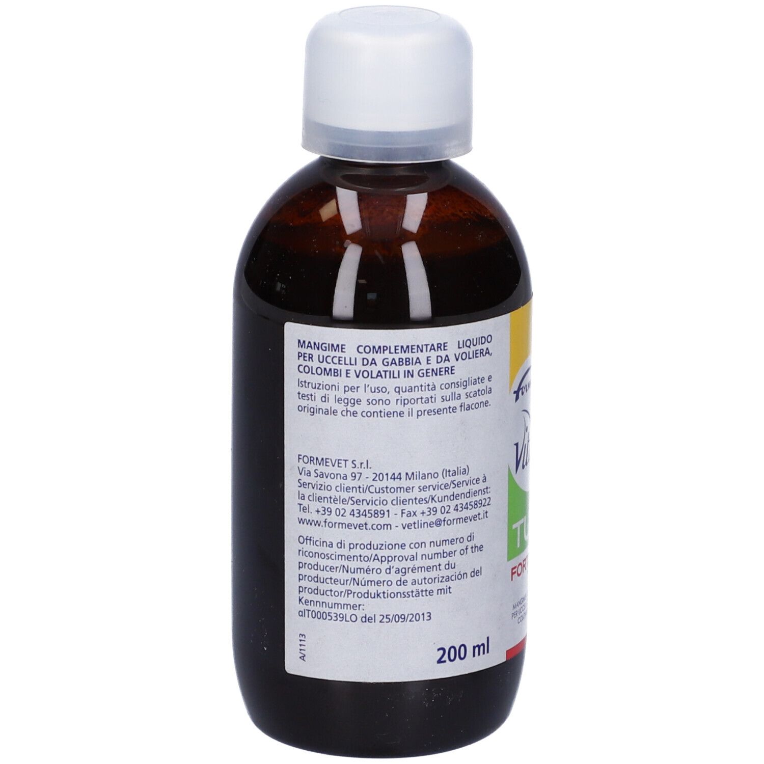 Retro di una bottiglia marrone con tappo bianco. Informazioni testuali e 200 ml.
