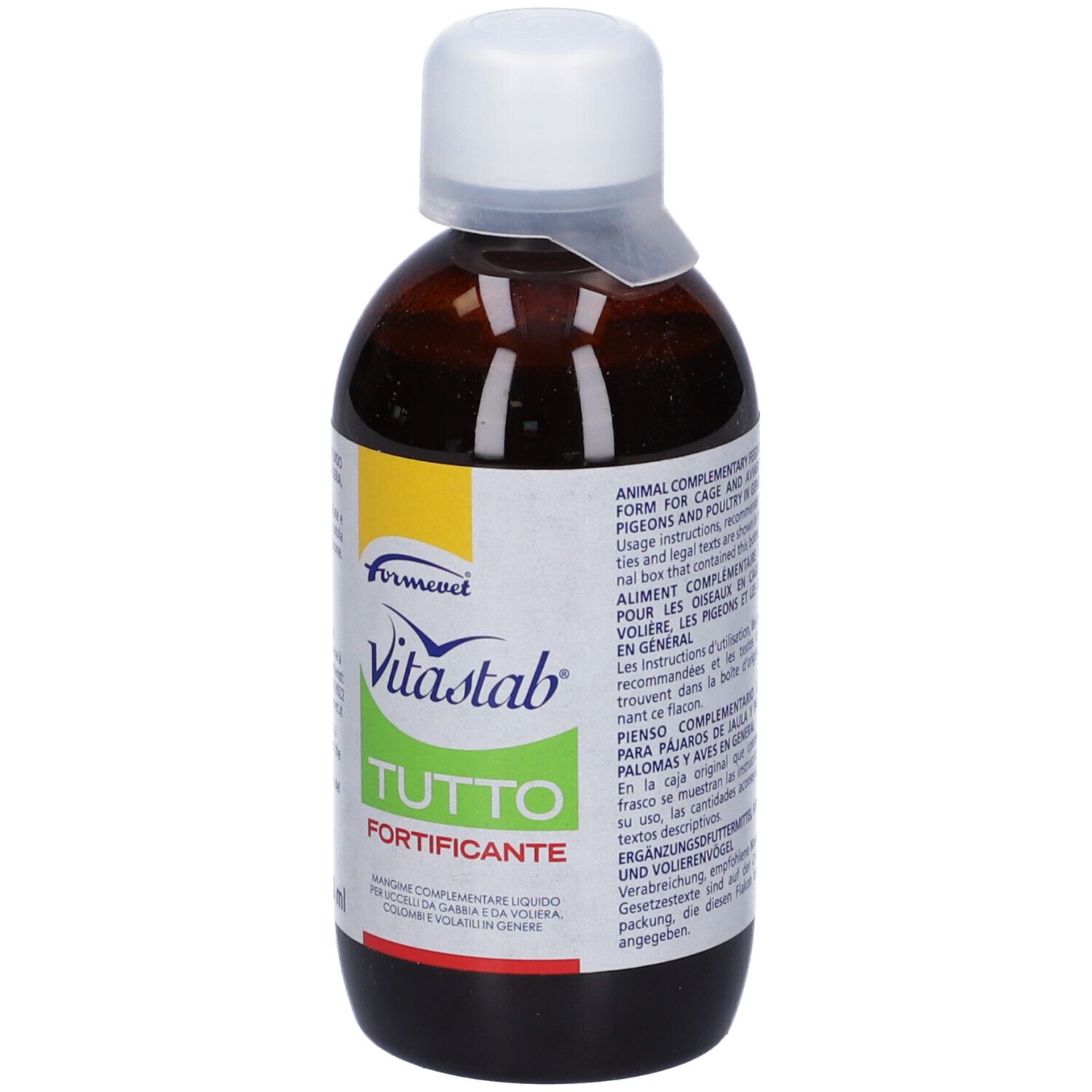 Bottiglia marrone con tappo bianco. Scritta: Vitastab Tutto Fortificante. Logo Formevet.