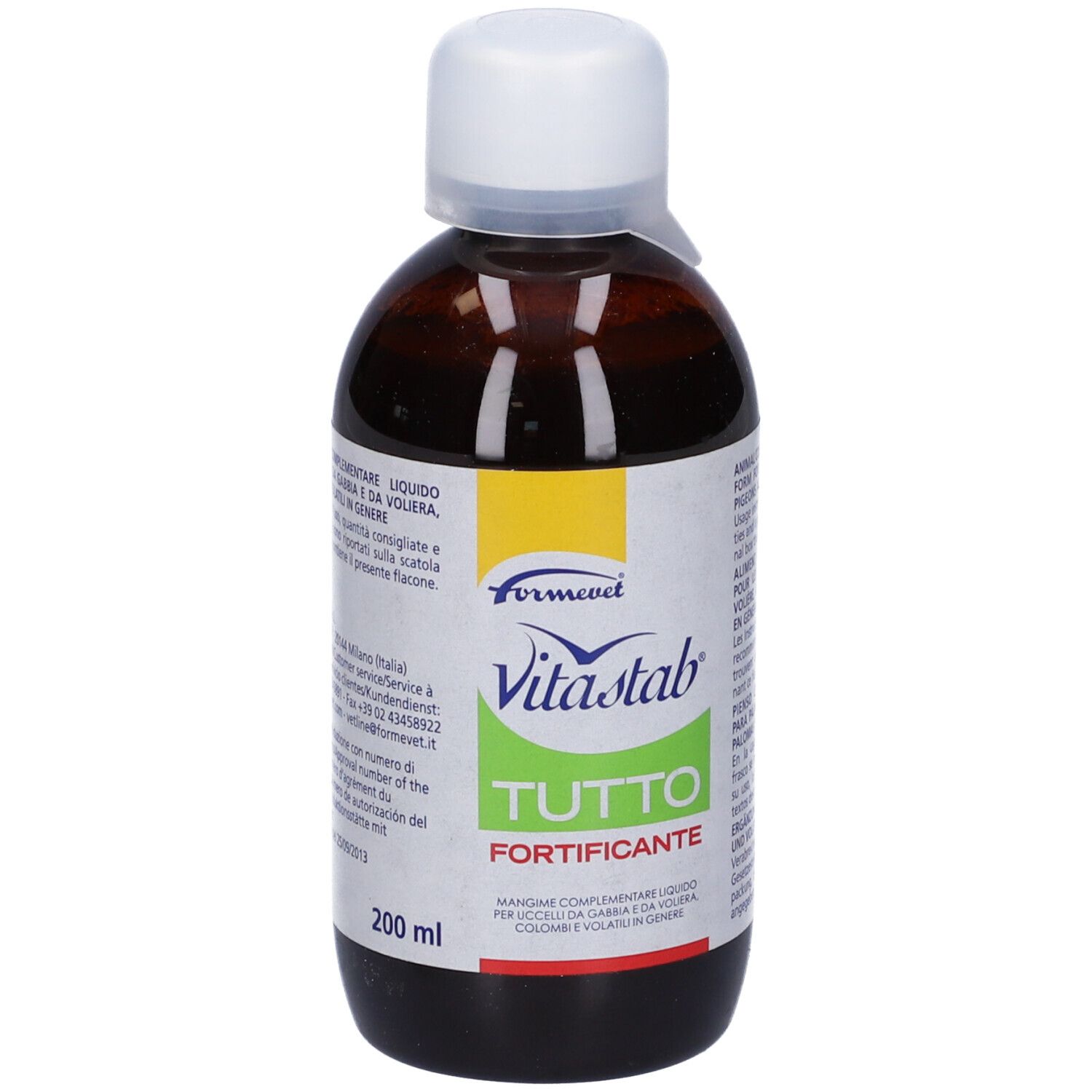 Bottiglia marrone con tappo bianco. Scritta: Vitastab Tutto Fortificante. 200 ml.