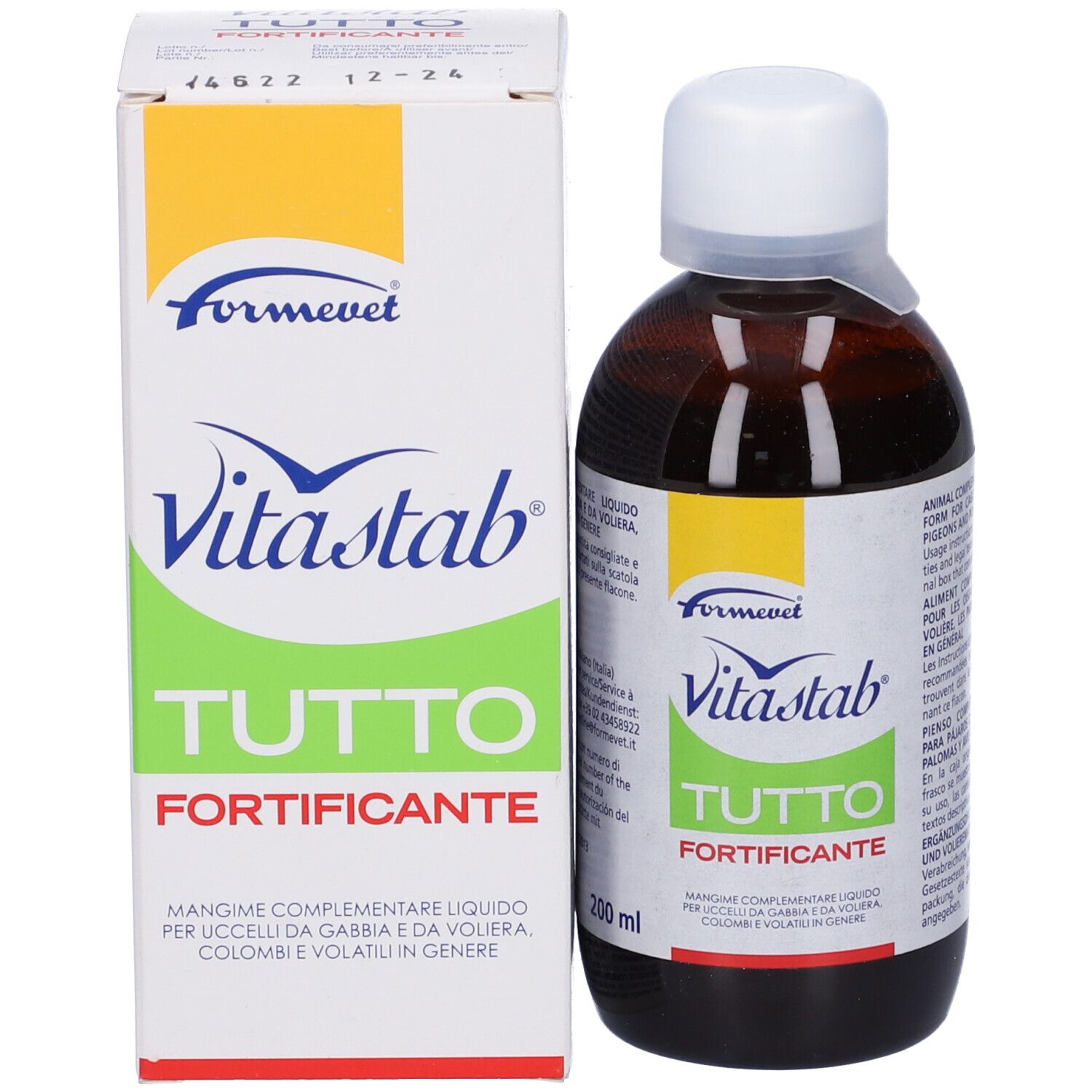 Flacone e confezione del prodotto. Scritta: Vitastab Tutto Fortificante. 200 ml.