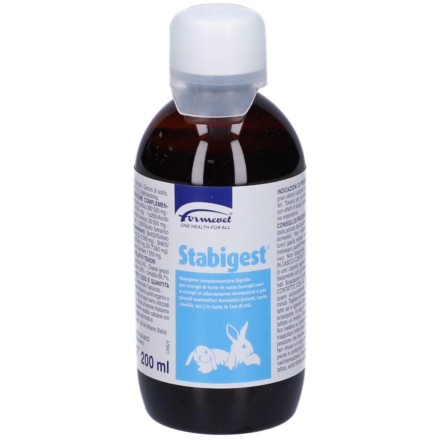 Flacone marrone con tappo bianco. Scritta Stabigest, 200 ml. Etichetta con illustrazione di coniglio.