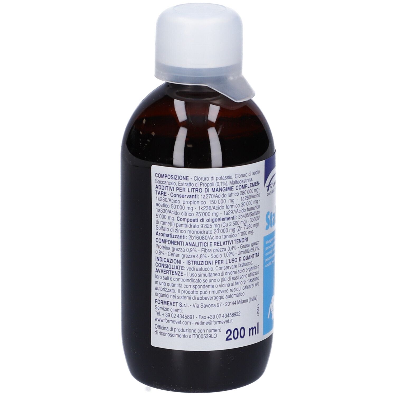 Flacone marrone con tappo bianco. Scritta Stabigest, 200 ml. Retro con composizione e testo.
