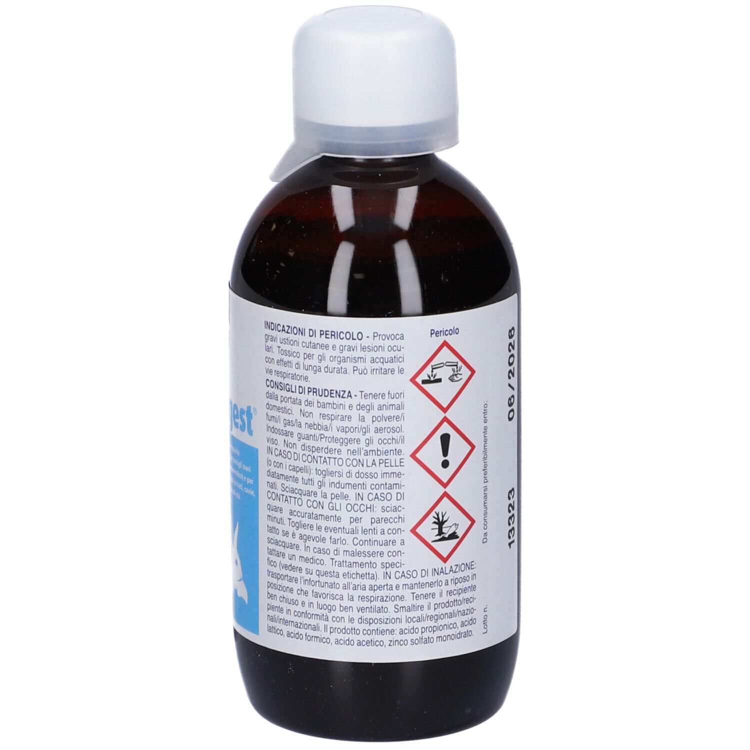 Flacone marrone con tappo bianco. Scritta Stabigest, 200 ml. Retro con avvertenze e simboli.