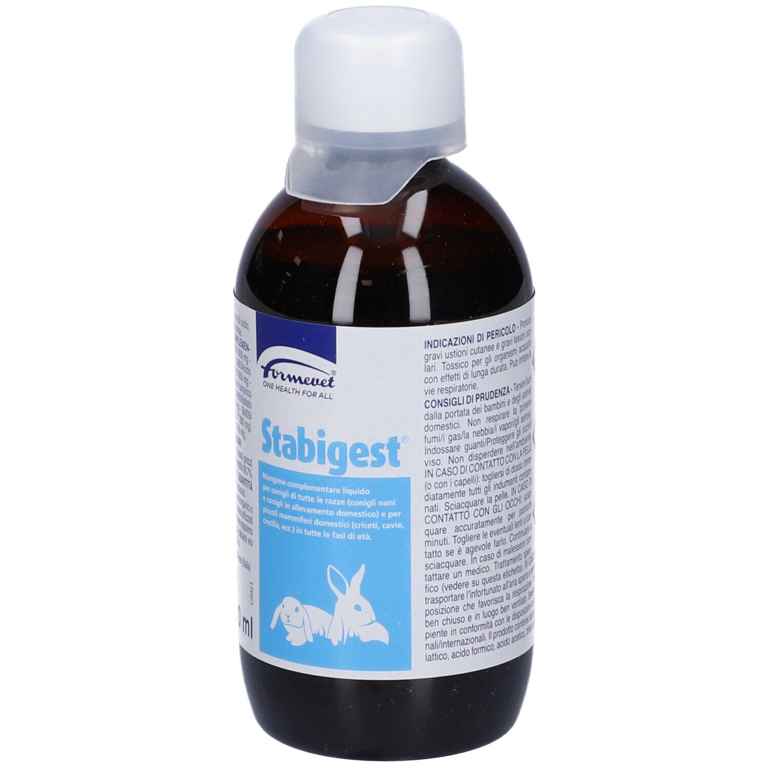 Flacone marrone con tappo bianco. Scritta Stabigest, 200 ml. Etichetta con illustrazione di coniglio.