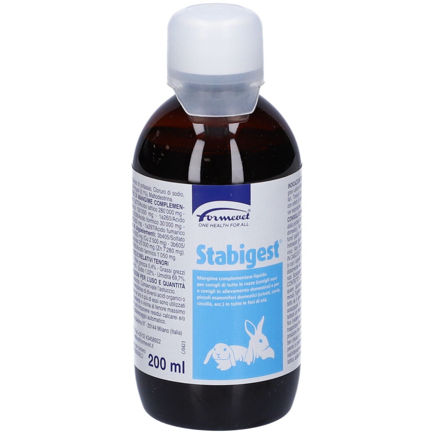 Flacone marrone con tappo bianco. Scritta Stabigest, 200 ml. Etichetta con composizione e testo.
