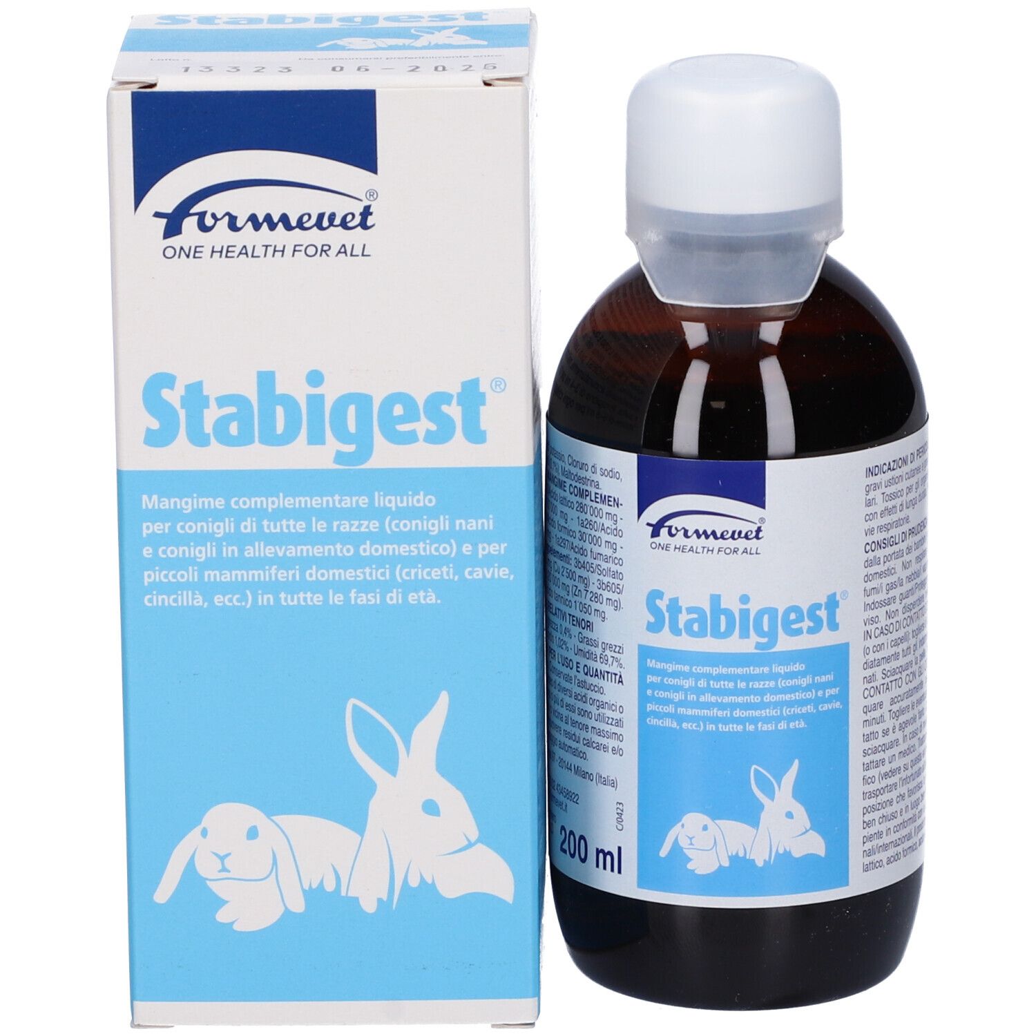 Flacone marrone e scatola. Scritta Stabigest, 200 ml. Scatola con nome del prodotto e illustrazione di coniglio.