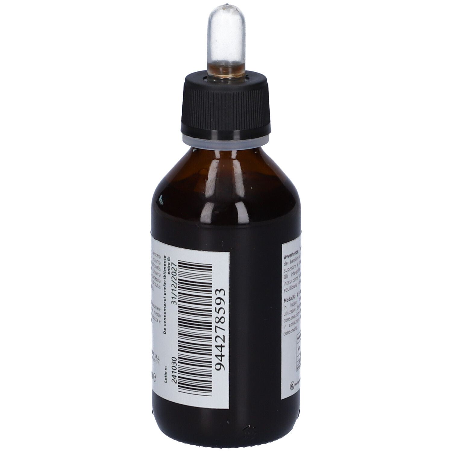 Flacone di vetro marrone con tappo nero e contagocce. Scritto: Cito Bocca, Sciacqua e bevi. Etichetta con codice a barre.