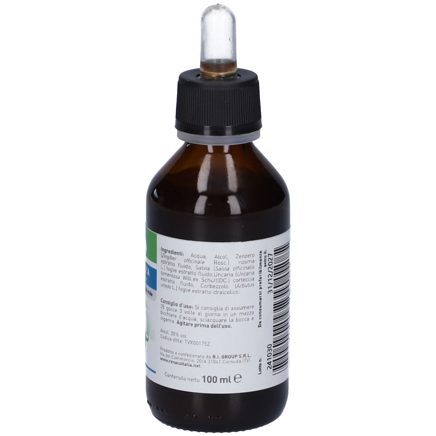Flacone di vetro marrone con tappo nero e contagocce. Scritto: Cito Bocca, Sciacqua e bevi. Retro con testo.