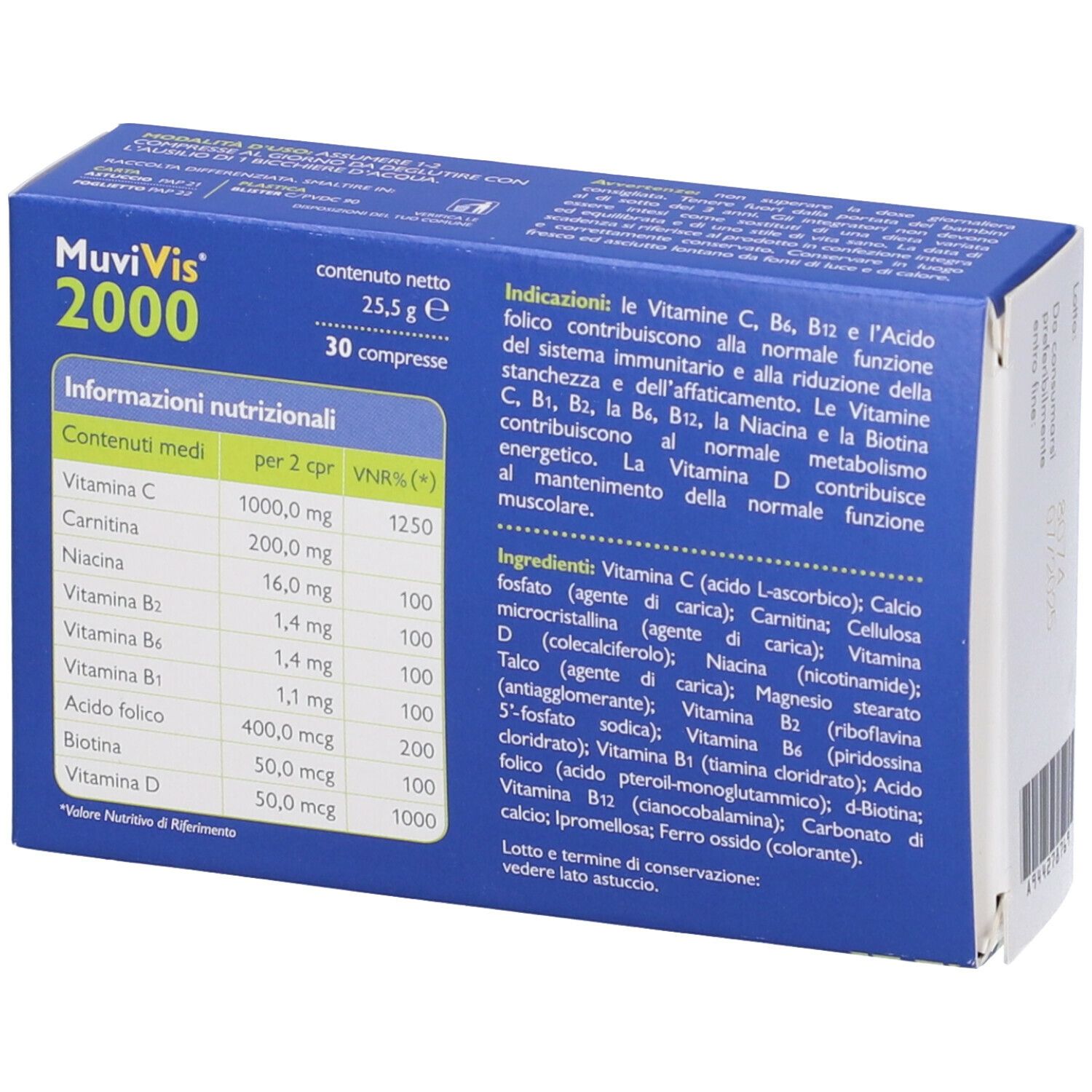 Retro della scatola Muvivis 2000. Confezione blu. Contiene informazioni sugli ingredienti e i valori nutrizionali.
