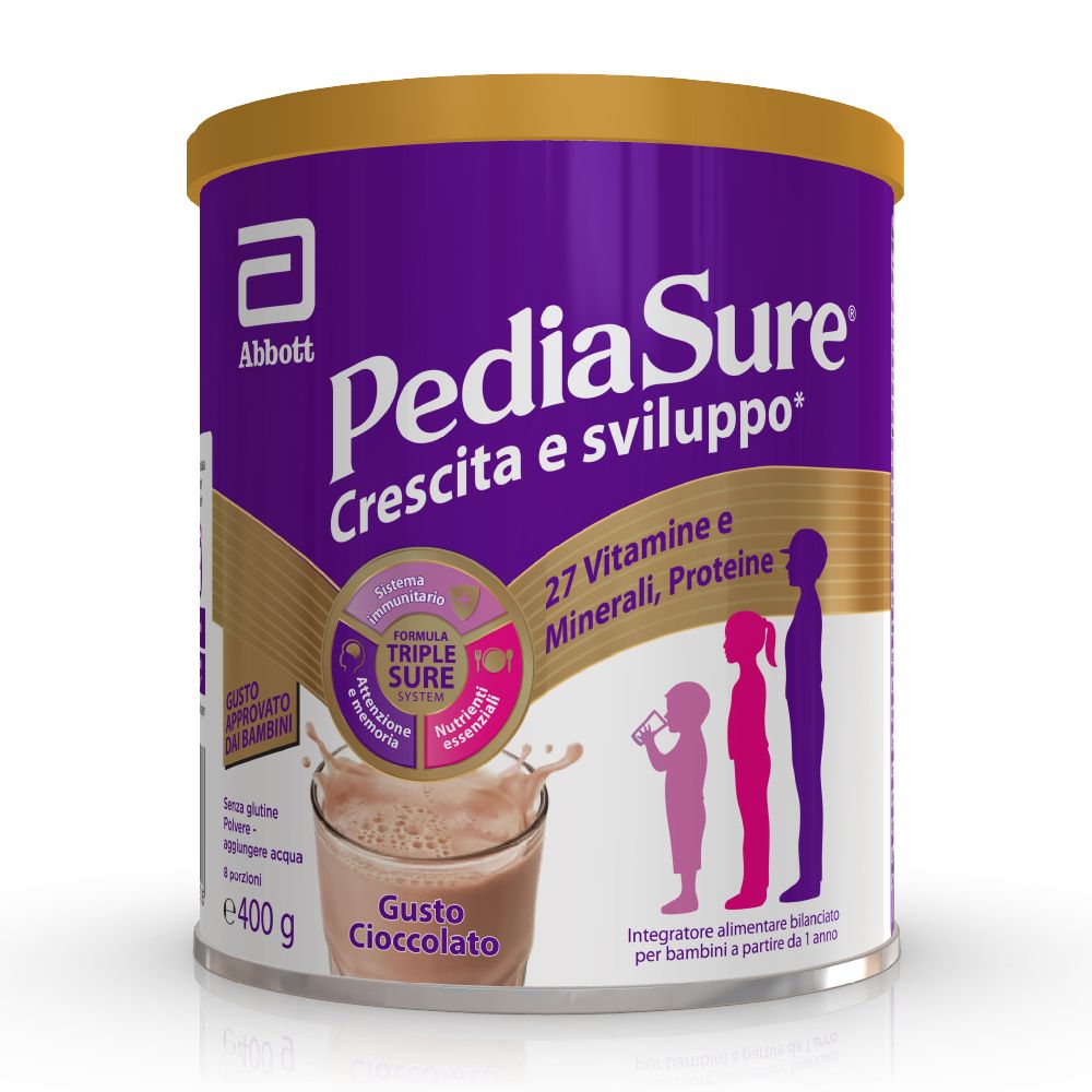 Barattolo PediaSure viola con coperchio dorato. Scritta: Crescita e sviluppo, 27 Vitamine e Minerali, Proteine. Gusto: Cioccolato.