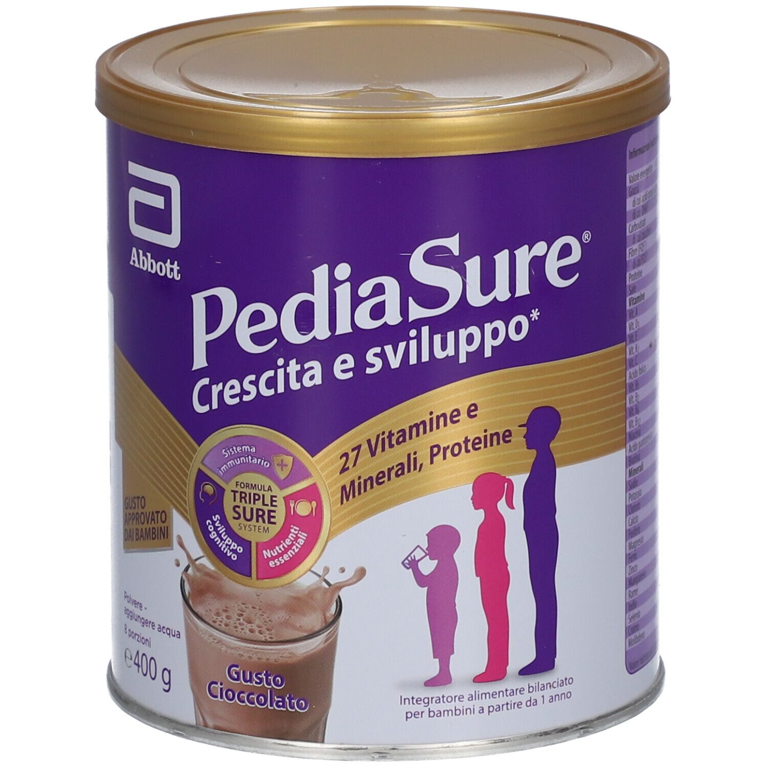 Barattolo PediaSure viola con coperchio dorato. Scritta: Crescita e sviluppo, 27 Vitamine e Minerali, Proteine. Gusto: Cioccolato.