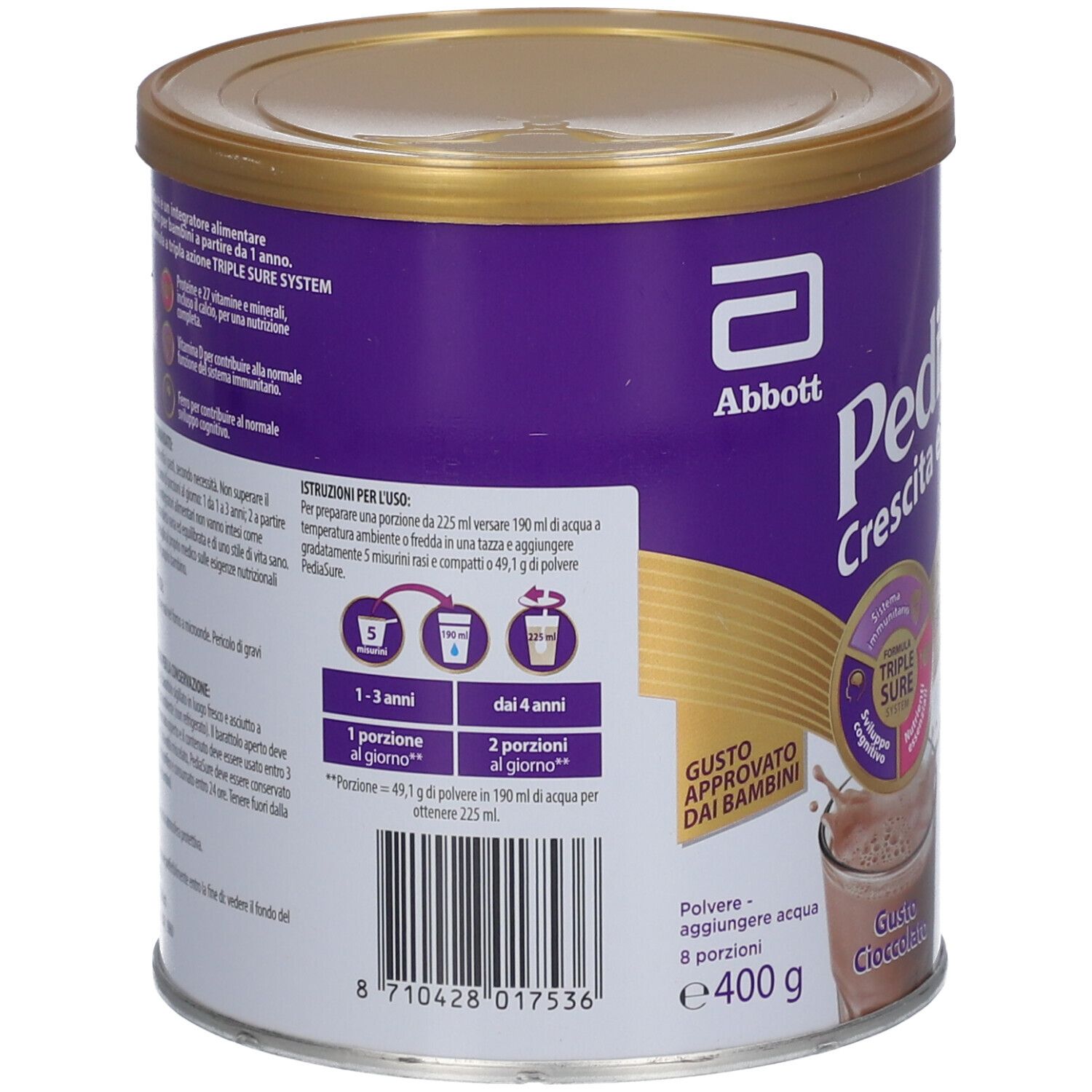 Barattolo PediaSure viola con coperchio dorato. Scritta: Crescita e sviluppo, 27 Vitamine e Minerali, Proteine. Retro.
