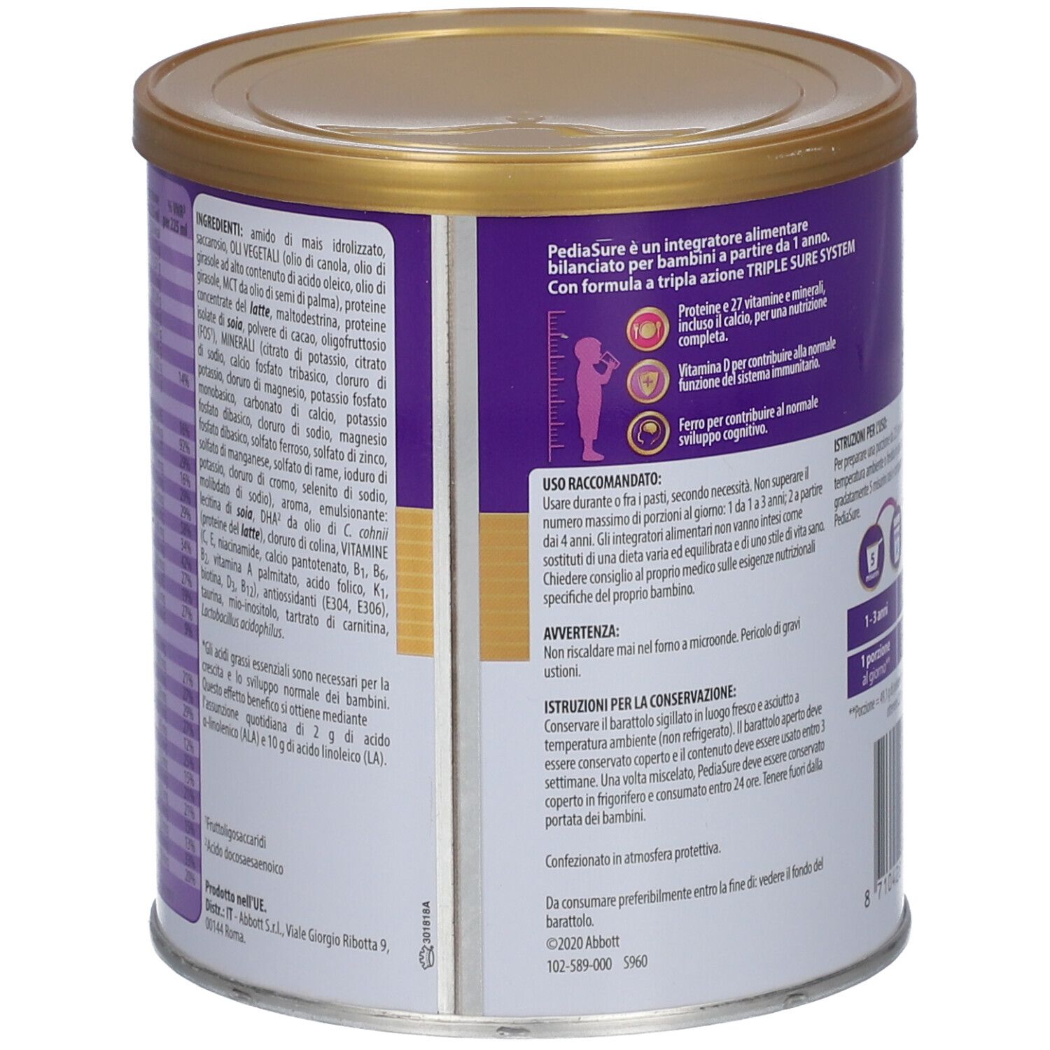 Barattolo PediaSure viola con coperchio dorato. Scritta: Crescita e sviluppo, 27 Vitamine e Minerali, Proteine. Retro.