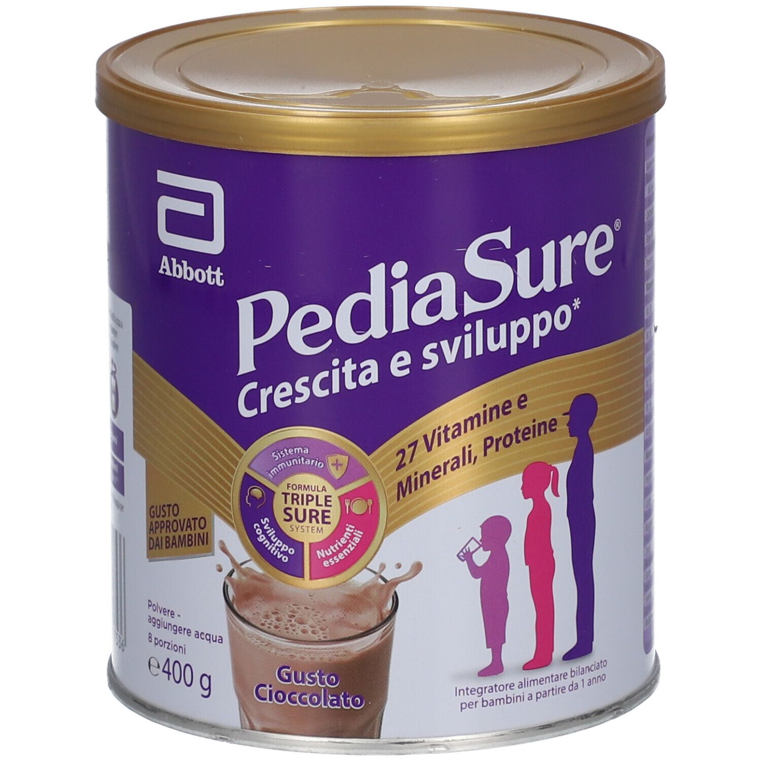Barattolo PediaSure viola con coperchio dorato. Scritta: Crescita e sviluppo, 27 Vitamine e Minerali, Proteine. Retro.