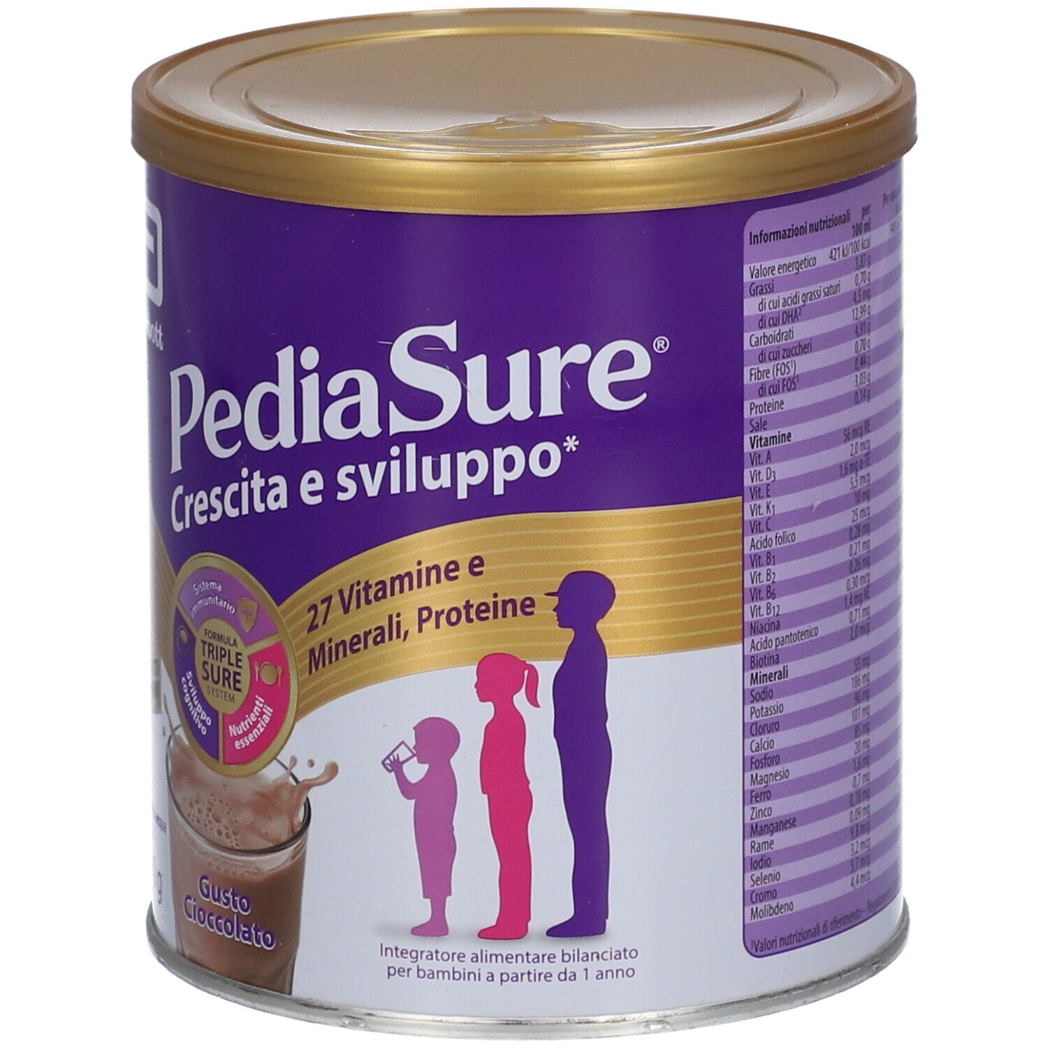 Barattolo PediaSure viola con coperchio dorato. Scritta: Crescita e sviluppo, 27 Vitamine e Minerali, Proteine. Retro.