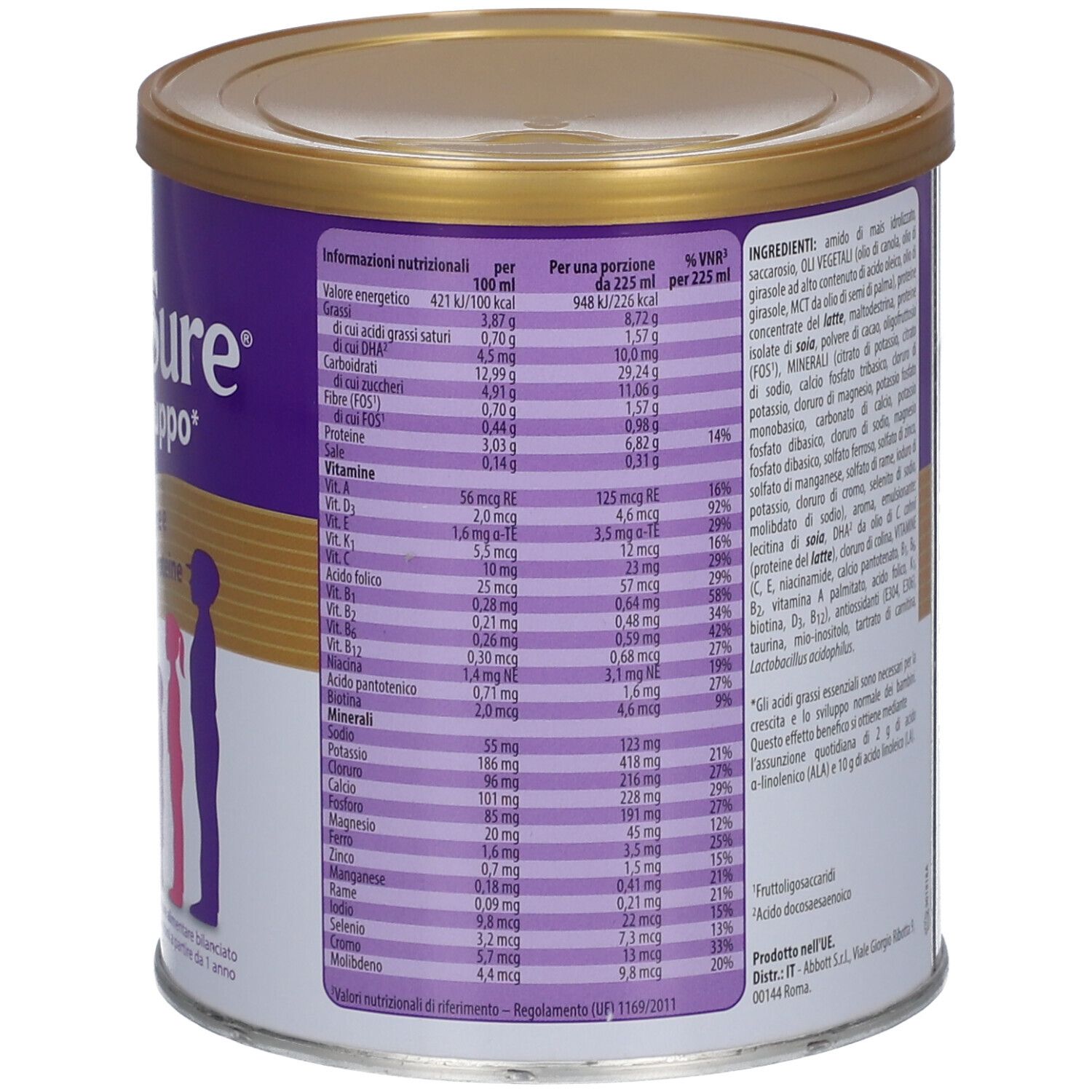 Barattolo PediaSure viola con coperchio dorato. Scritta: Crescita e sviluppo, 27 Vitamine e Minerali, Proteine. Retro.
