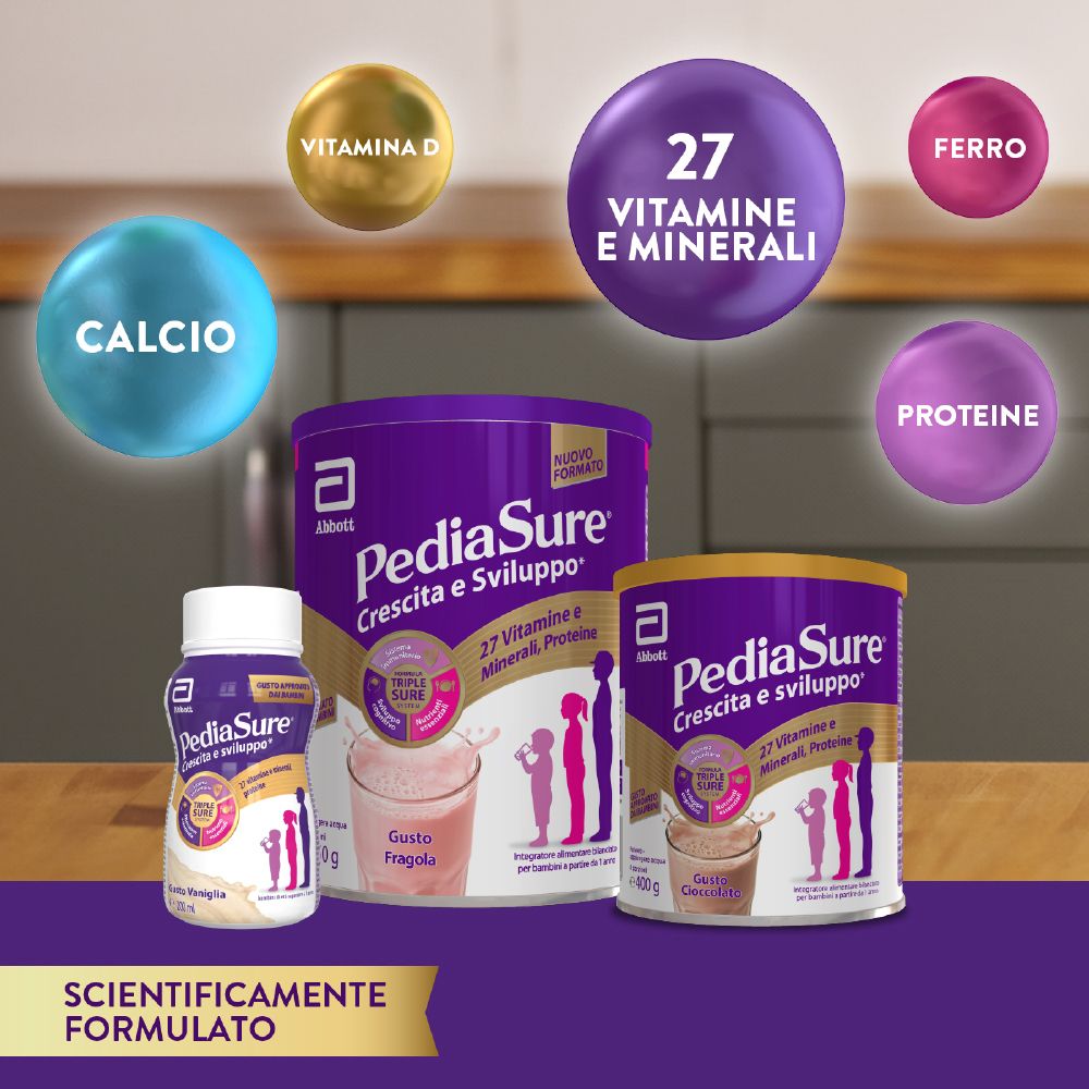 Tre prodotti PediaSure. Barattolo, bottiglia e piccolo barattolo. Scritta: Crescita e sviluppo. Testo: Scientifically formulated.
