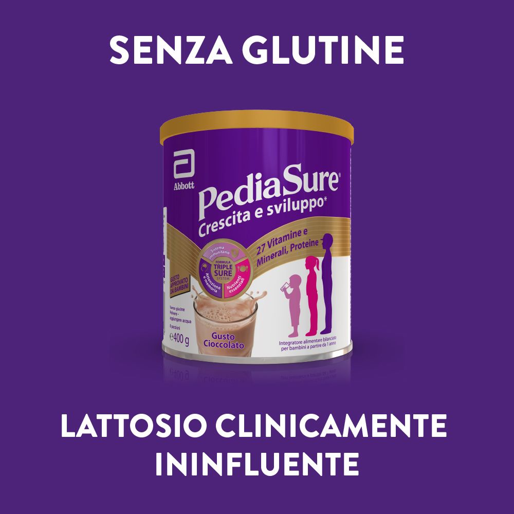 Barattolo PediaSure viola con coperchio dorato. Scritta: Crescita e sviluppo, 27 Vitamine e Minerali, Proteine. Senza glutine.