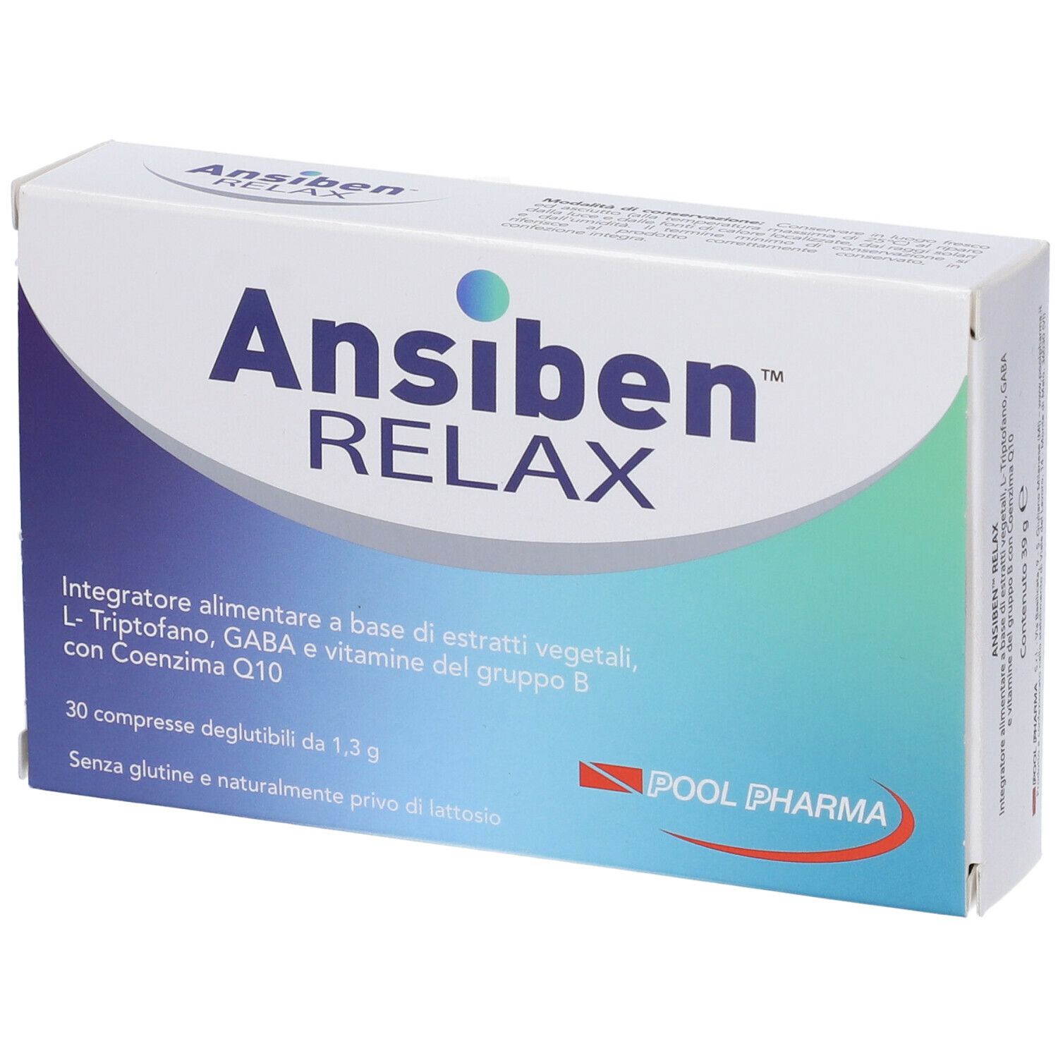 Scatola "Ansiben Relax Compresse". Confezione blu e bianca. Testo: "POOL PHARMA".