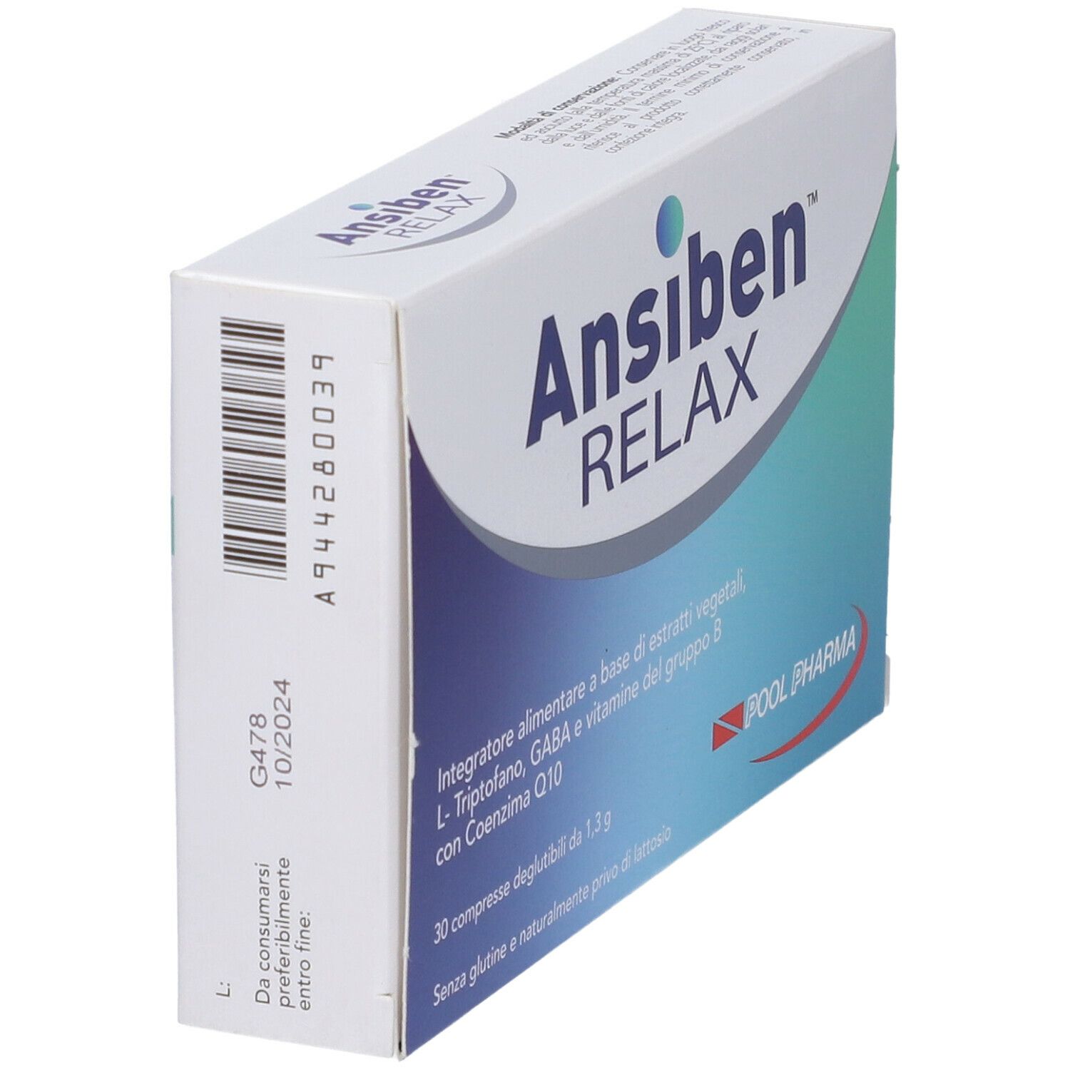 Scatola "Ansiben Relax Compresse". Confezione bianca con codice a barre e data di scadenza. Testo.