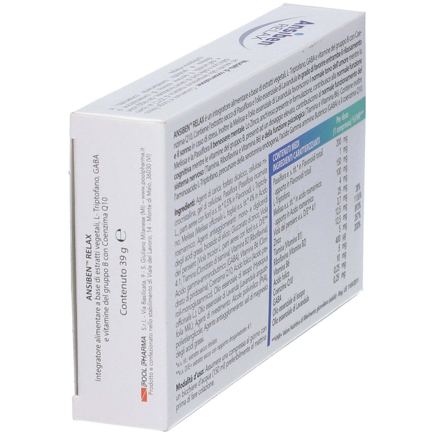 Scatola "Ansiben Relax Compresse". Testo con ingredienti e informazioni del produttore.