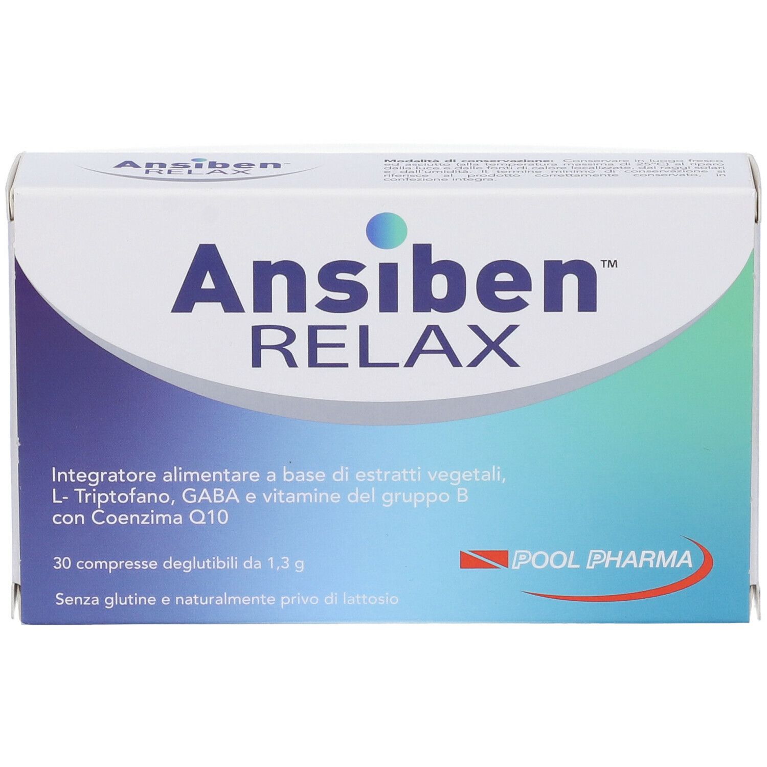 Scatola "Ansiben Relax Compresse". Confezione blu e bianca. Testo: "POOL PHARMA".