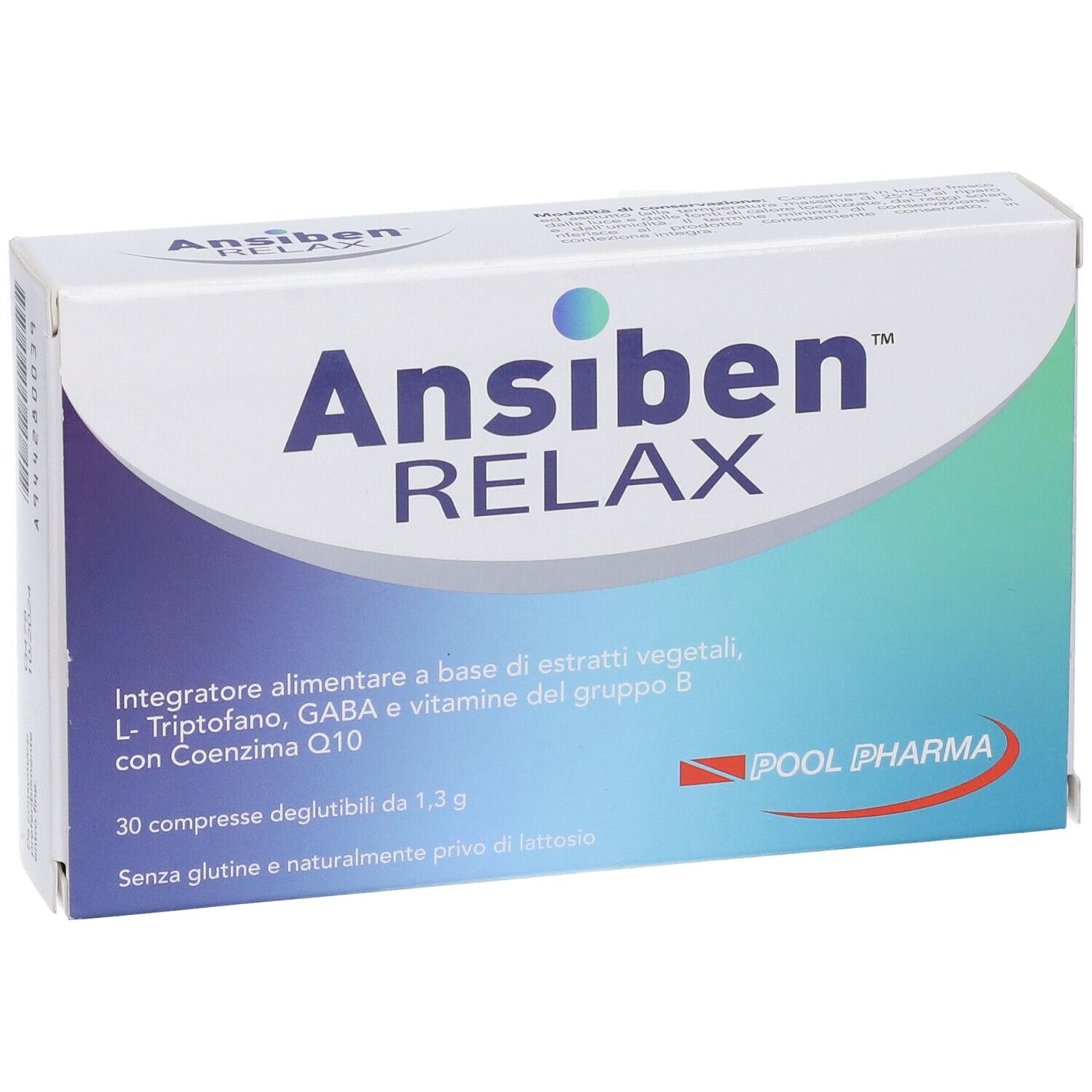 Scatola "Ansiben Relax Compresse". Confezione blu e bianca. Testo: "POOL PHARMA".