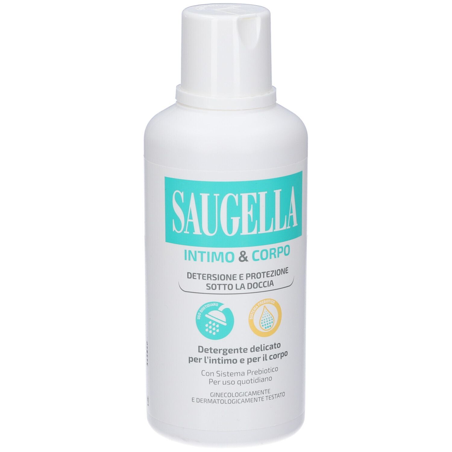 Weiße Flasche mit blau-grüner Beschriftung. Aufschrift: Saugella Intim & Corpo. Produkt für Intim- und Körperreinigung.