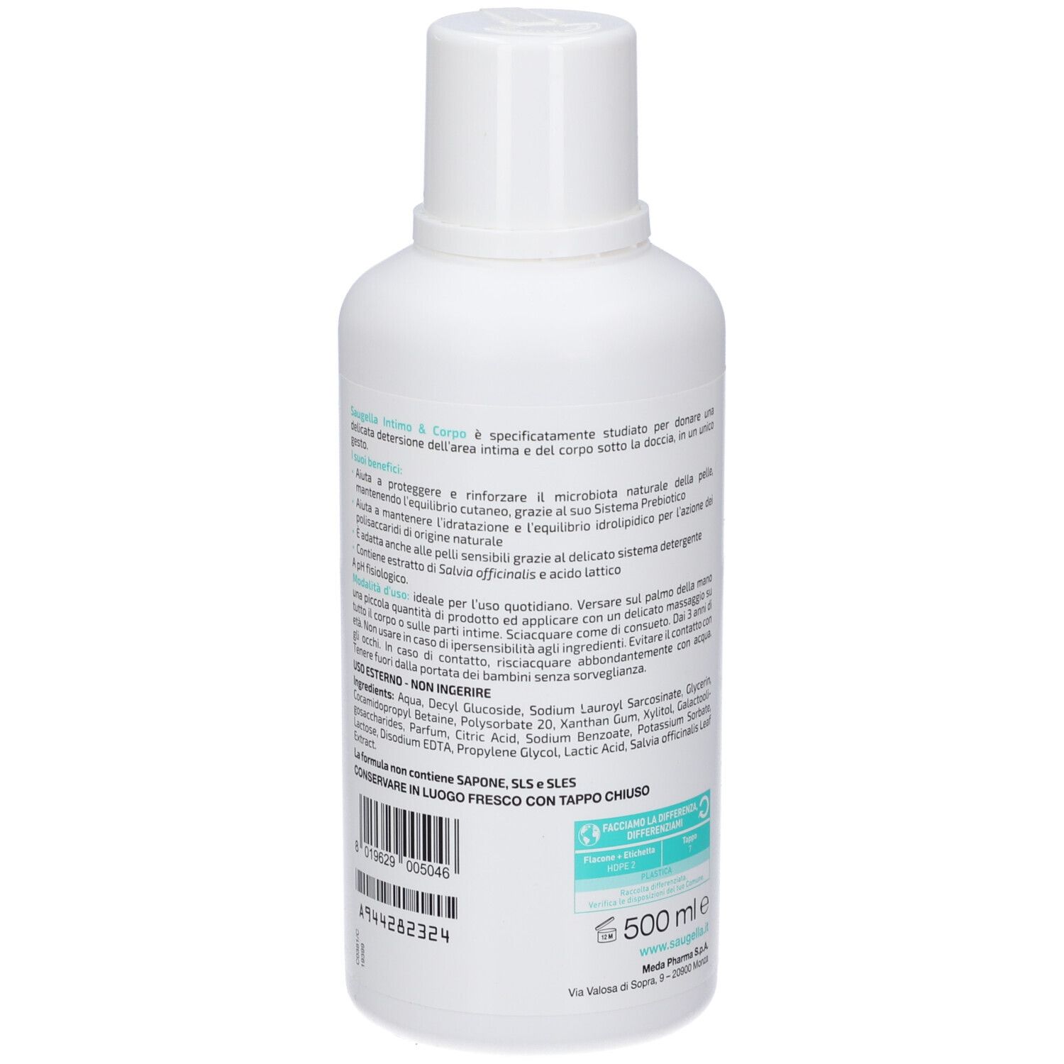 Rückseite der weißen Flasche. Text über Inhaltsstoffe und Anwendung. Volumen: 500 ml. Aufschrift: Saugella Intim & Corpo.