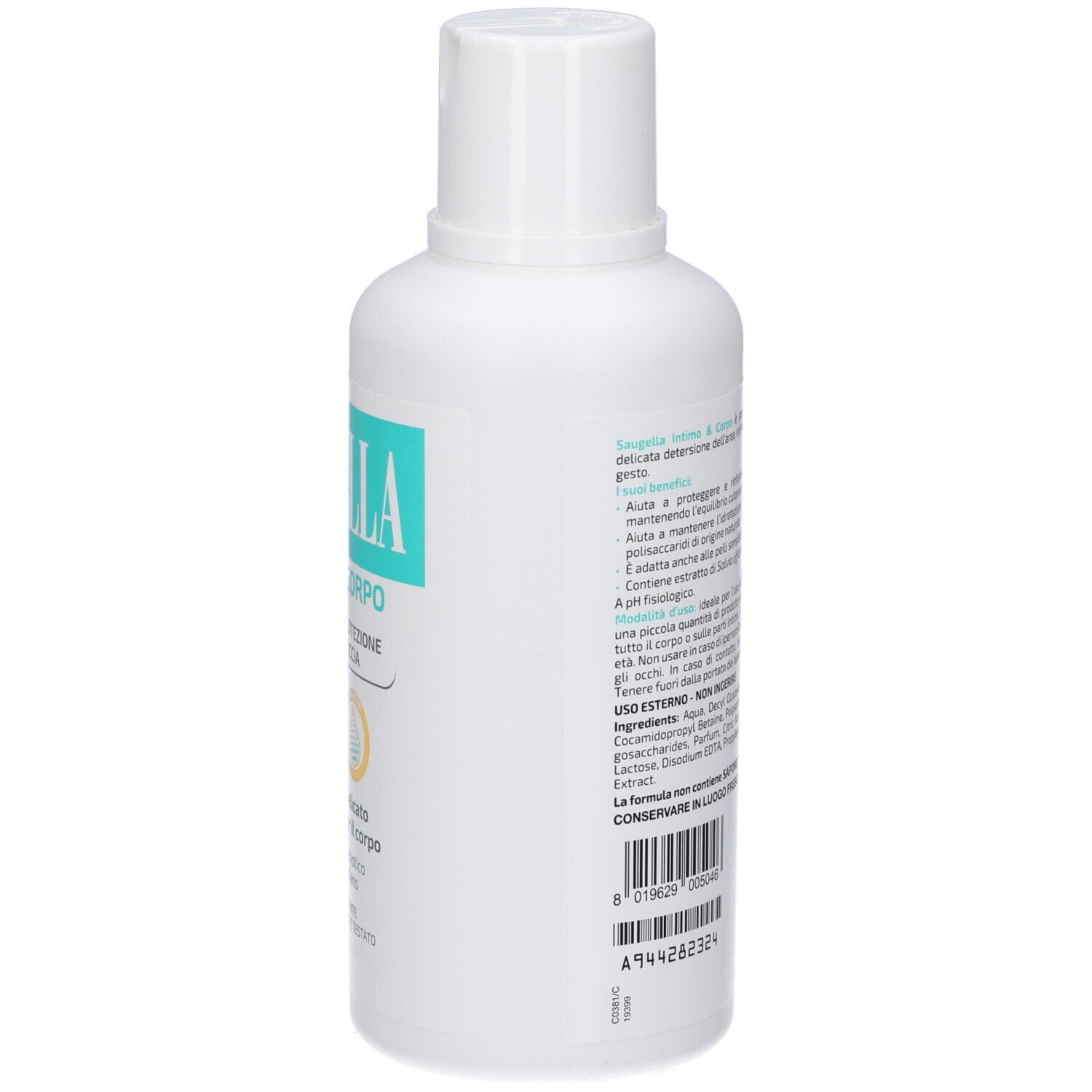 Weiße Flasche, Seitenansicht. Aufschrift: Saugella Intim & Corpo. Text über Inhaltsstoffe und Anwendung. Volumen: 500 ml.