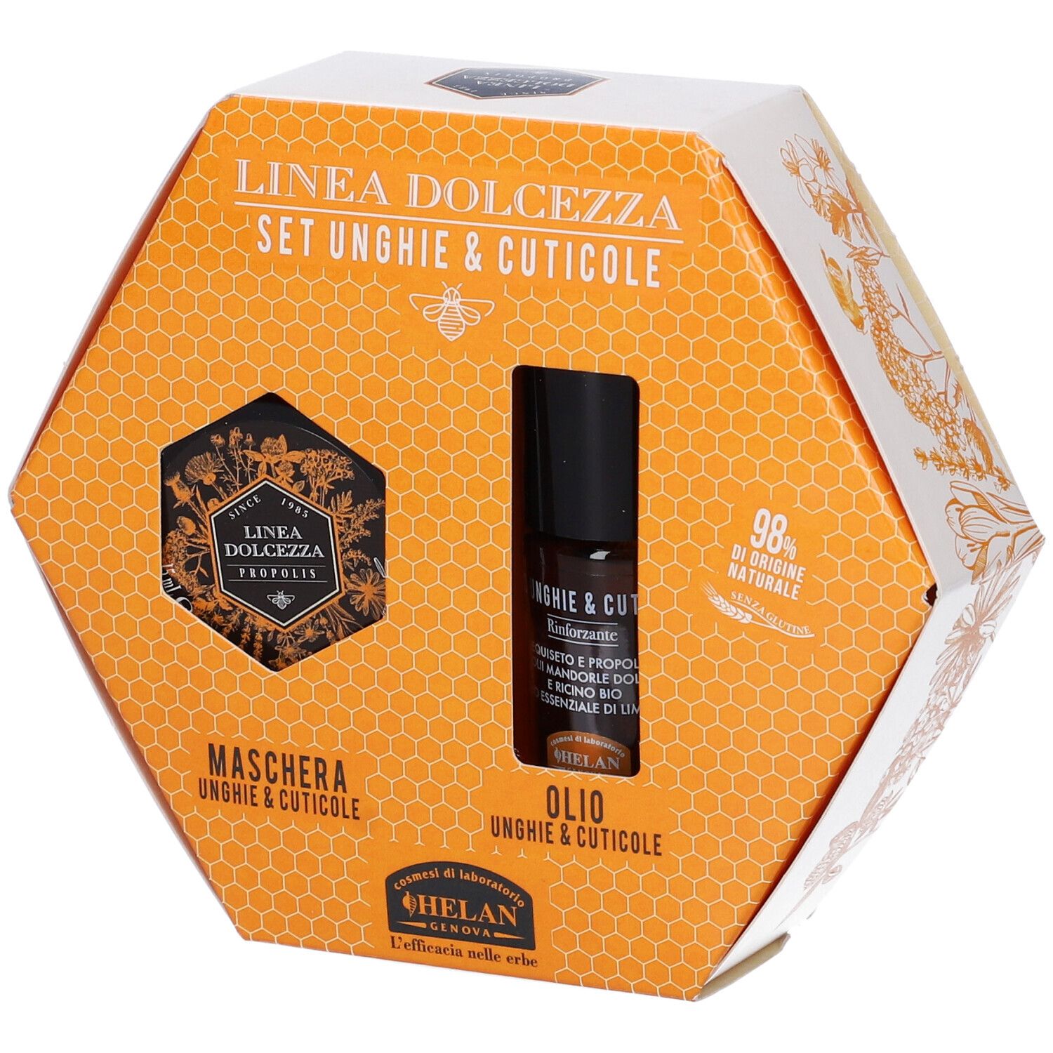 Set Dolcezza per unghie e cuticole in confezione esagonale. Contiene olio e maschera. Scritta: Linea Dolcezza, Helan.