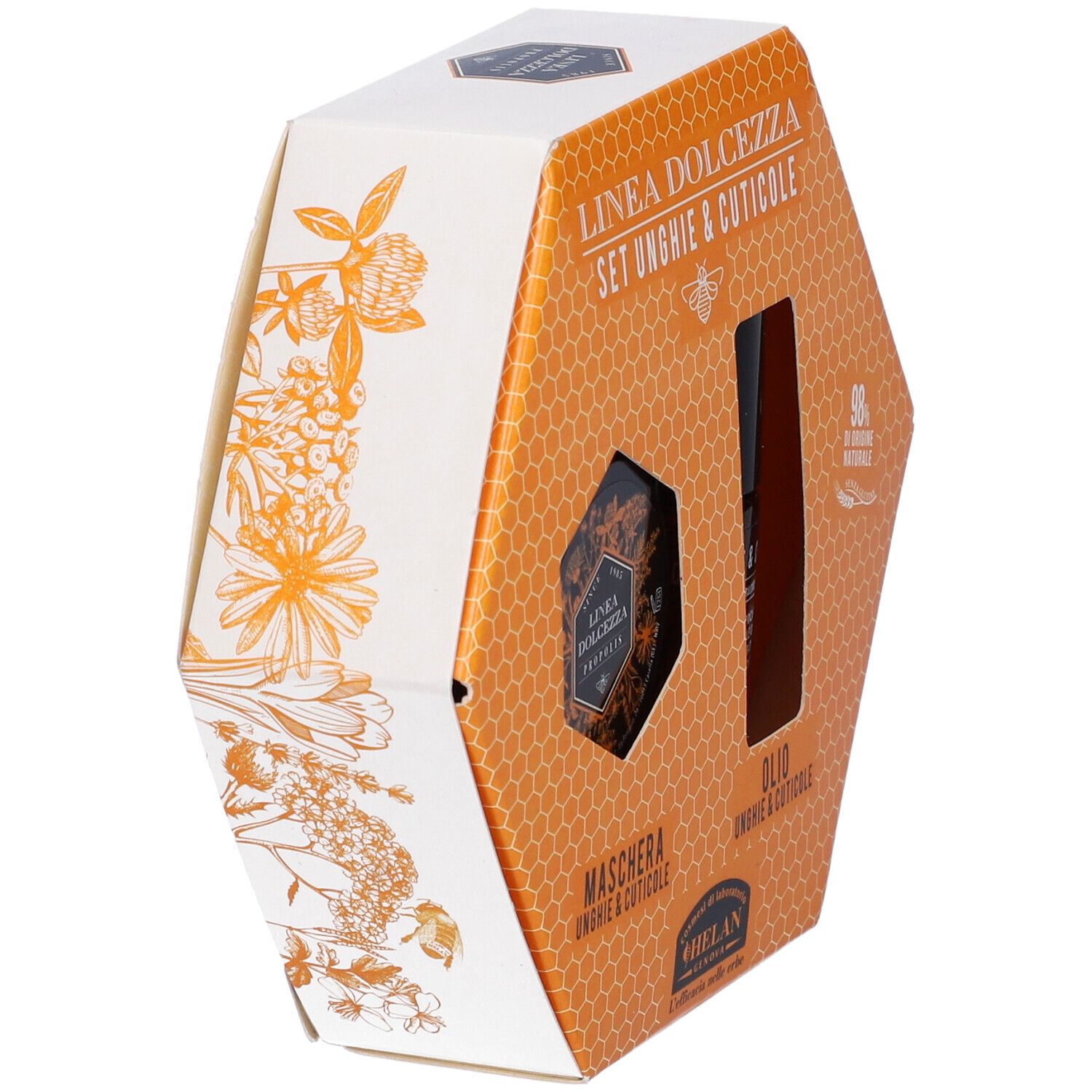 Confezione esagonale del set Dolcezza per unghie e cuticole. Contiene olio e maschera. Scritta: Linea Dolcezza.