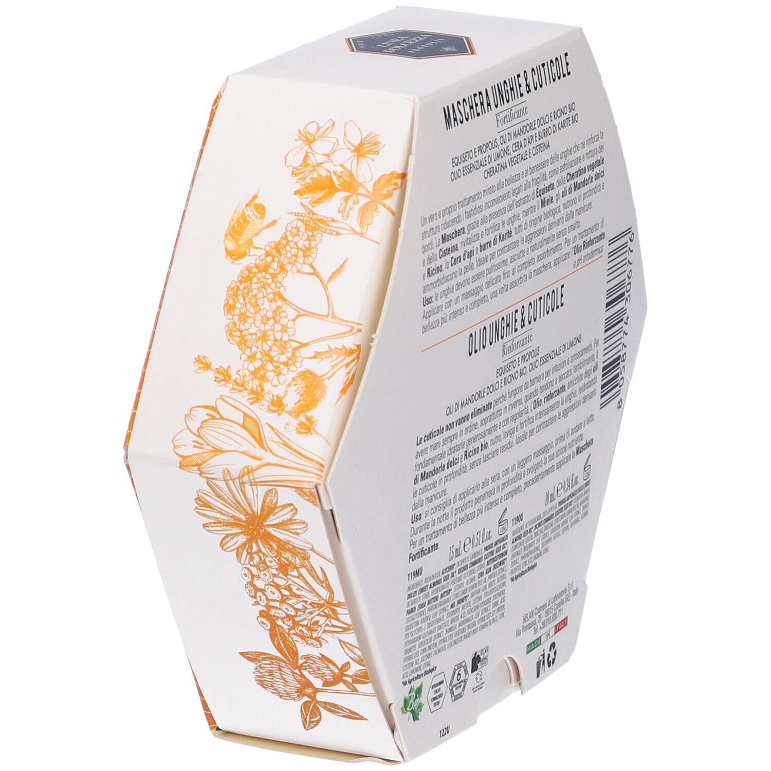 Vista obliqua del retro della confezione esagonale del set per unghie e cuticole. Testo con ingredienti.