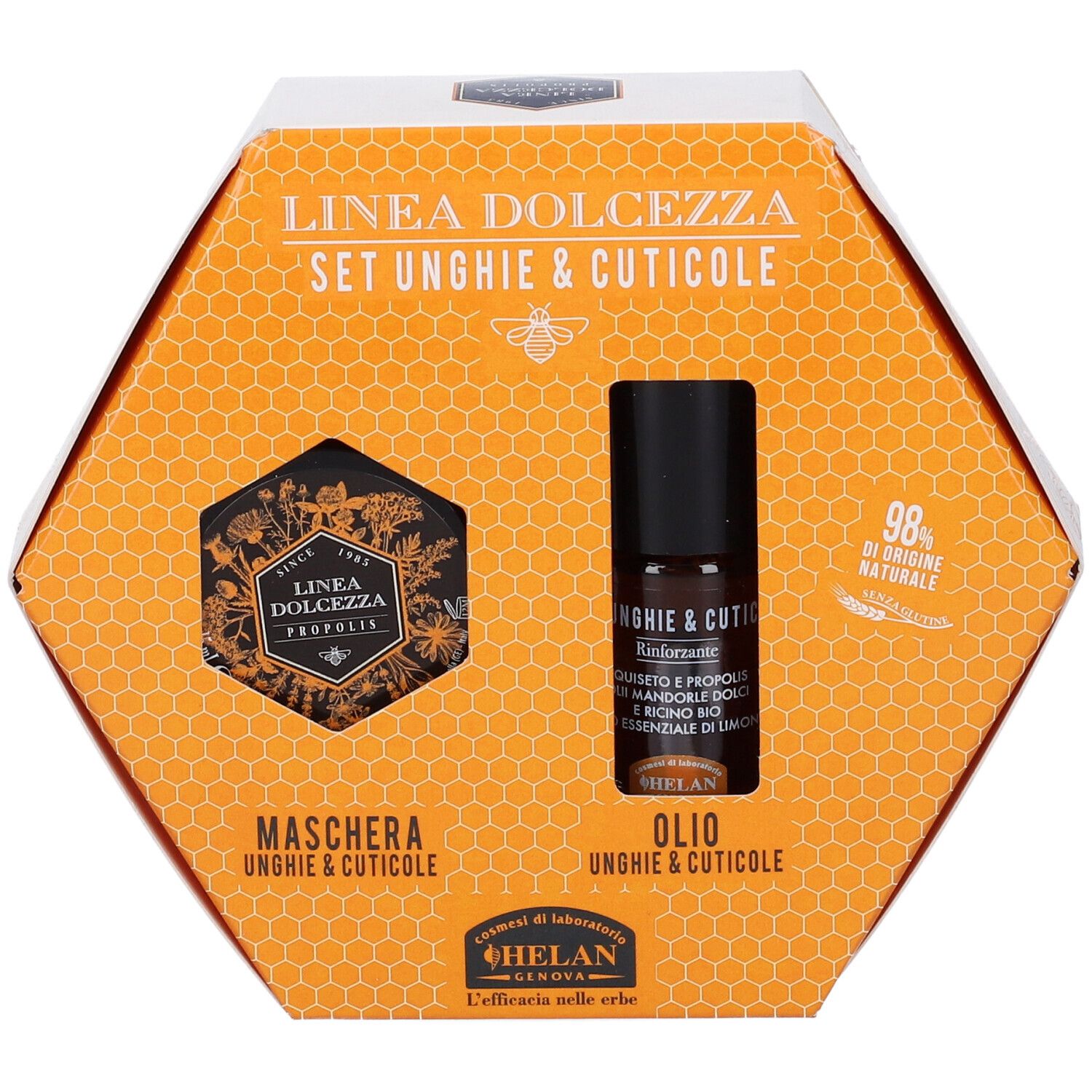 Set per unghie e cuticole in confezione esagonale. Contiene olio e maschera. Scritta: Linea Dolcezza, Helan. 98% naturale.