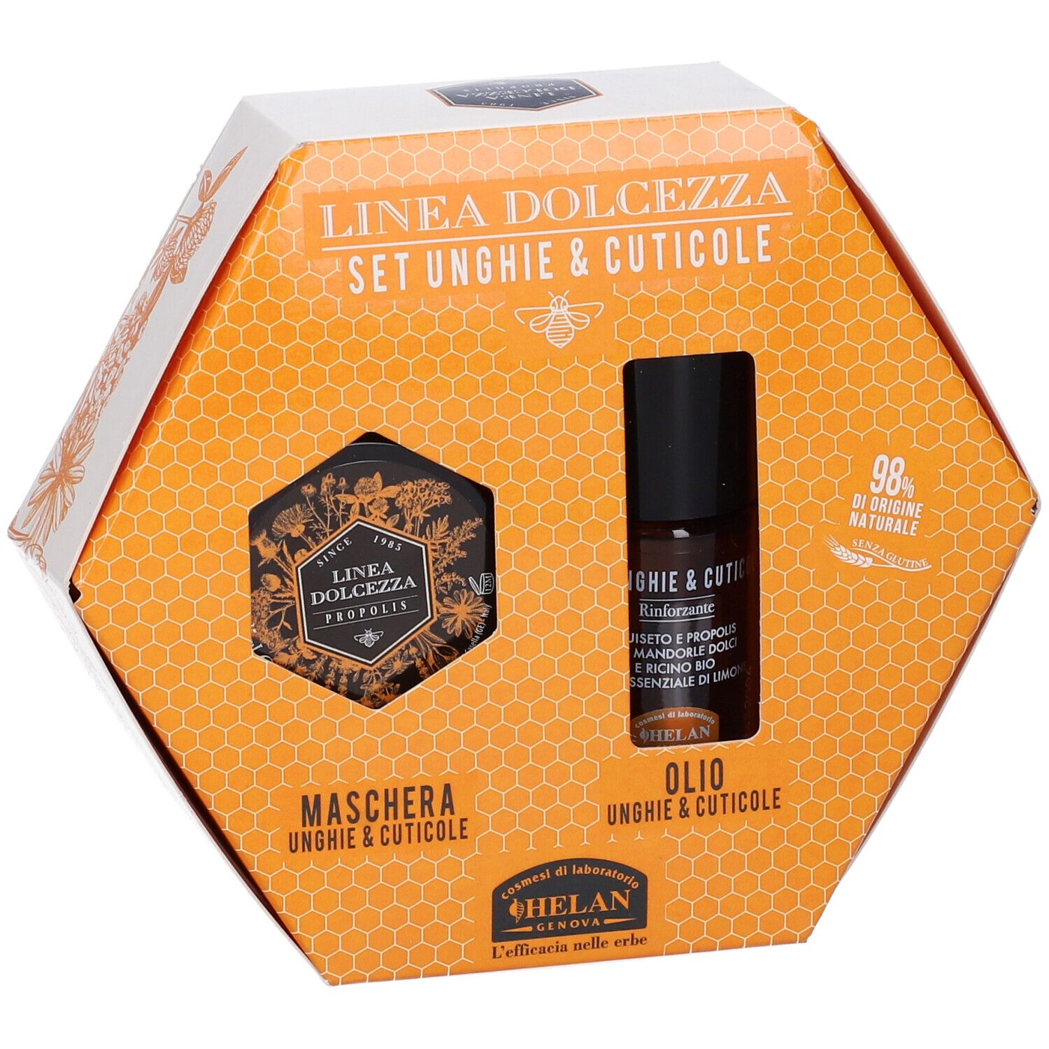Set per unghie e cuticole in confezione esagonale. Contiene olio e maschera. Scritta: Linea Dolcezza, Helan.