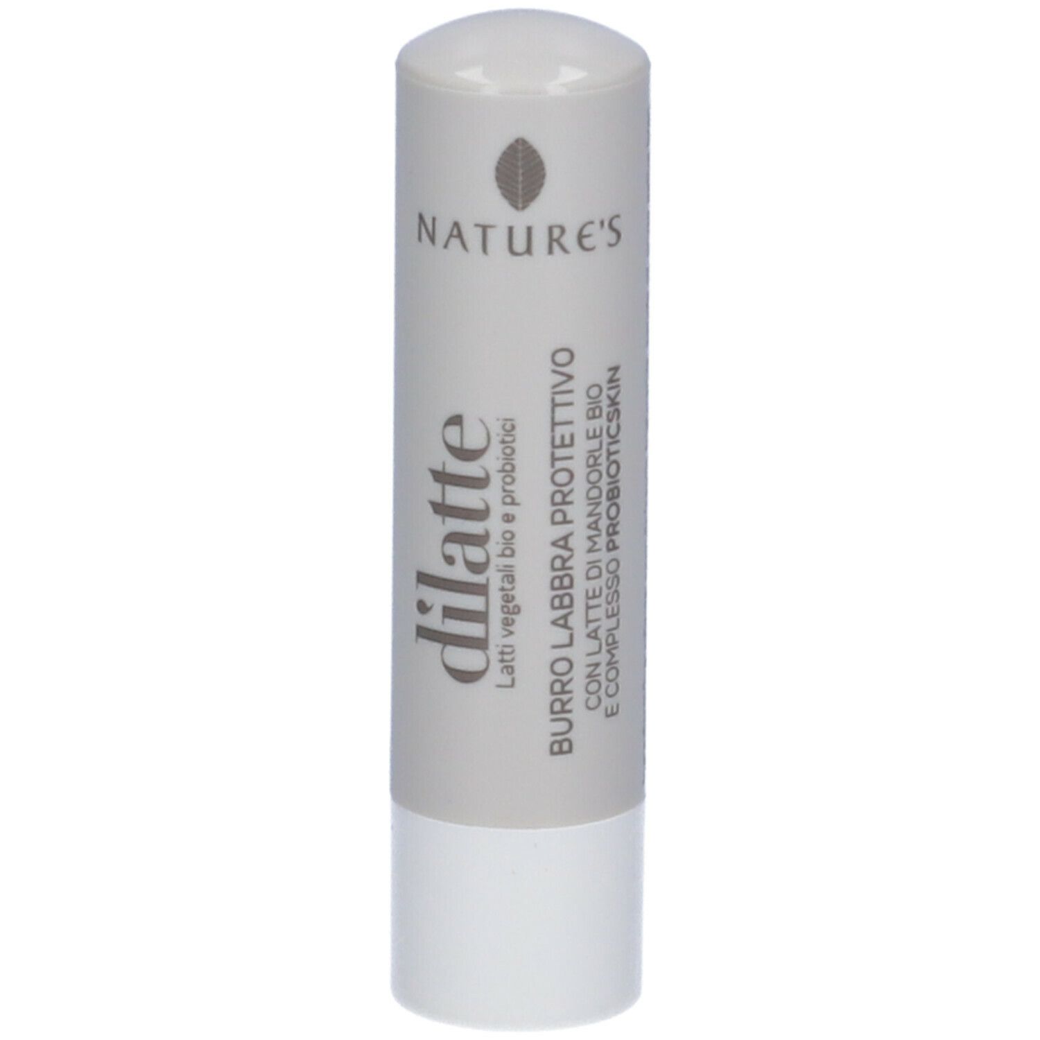 Stick labbra. Astuccio grigio con cappuccio bianco. Scritte: NATURE'S, dilatte, Burro Labbra Protettivo.