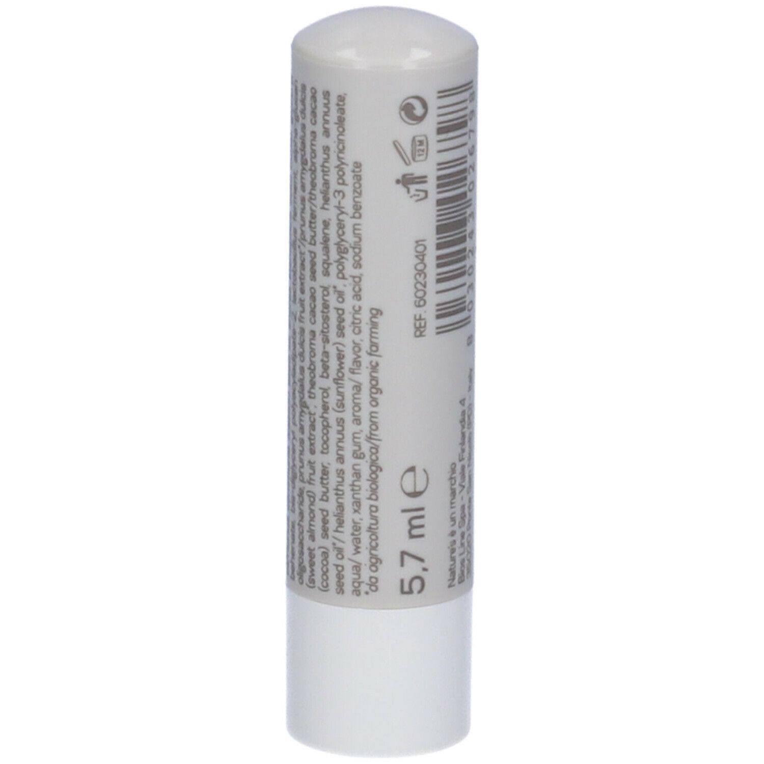 Stick labbra. Astuccio grigio con cappuccio bianco. Testo con ingredienti e simboli.