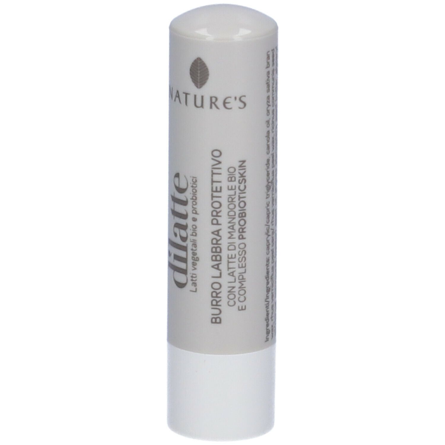 Stick labbra. Astuccio grigio con cappuccio bianco. Scritte: NATURE'S, dilatte, Burro Labbra Protettivo.