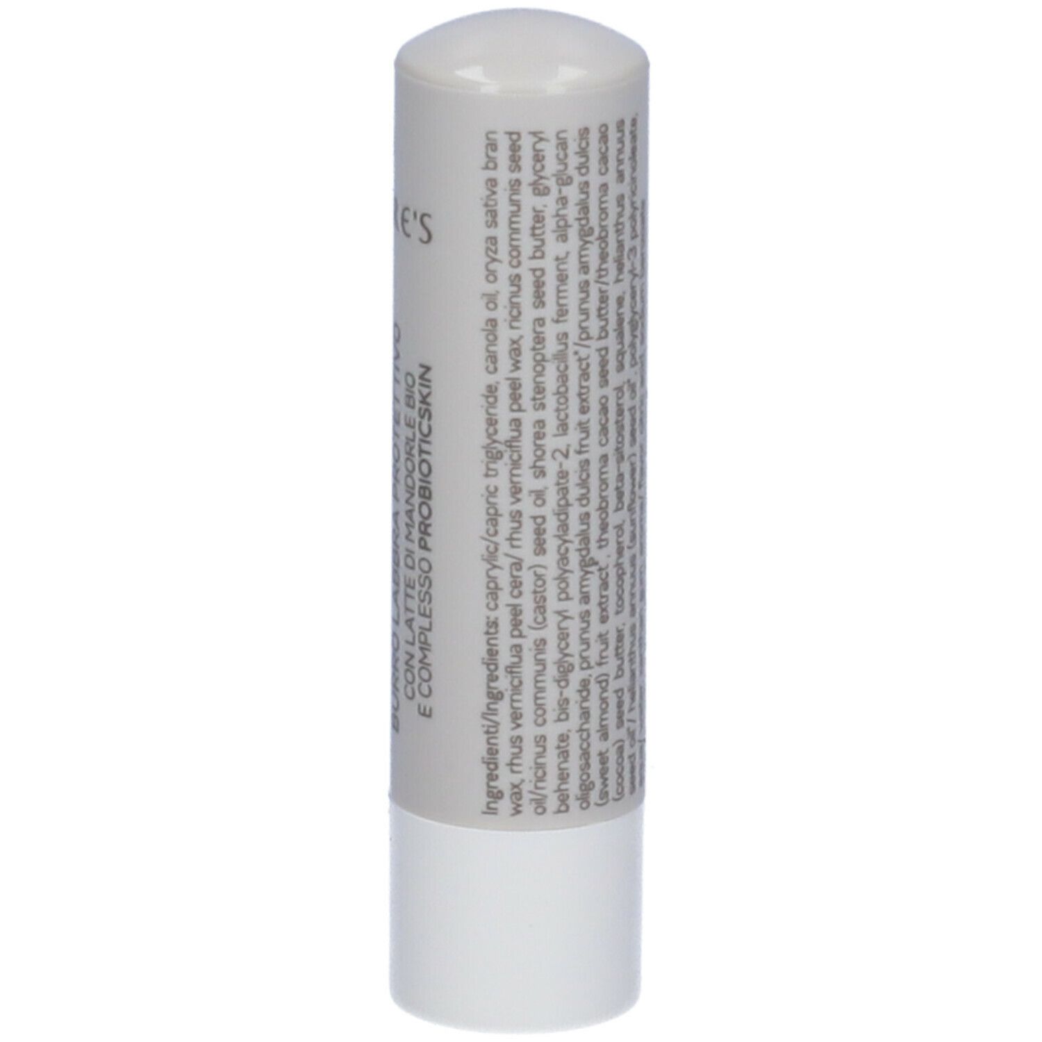 Stick labbra. Astuccio grigio con cappuccio bianco. Testo con ingredienti.