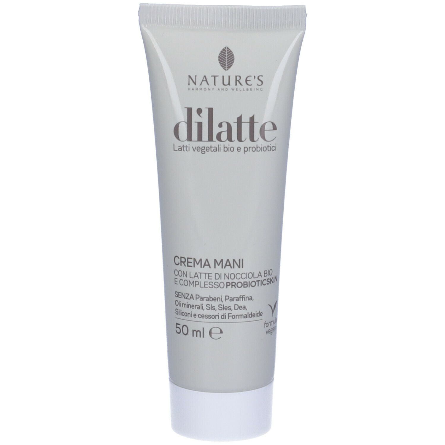 Tubo crema NATURE'S dilatte. Tubo grigio con tappo bianco. Testo: dilatte, Crema Mani, 50 ml. Con logo.