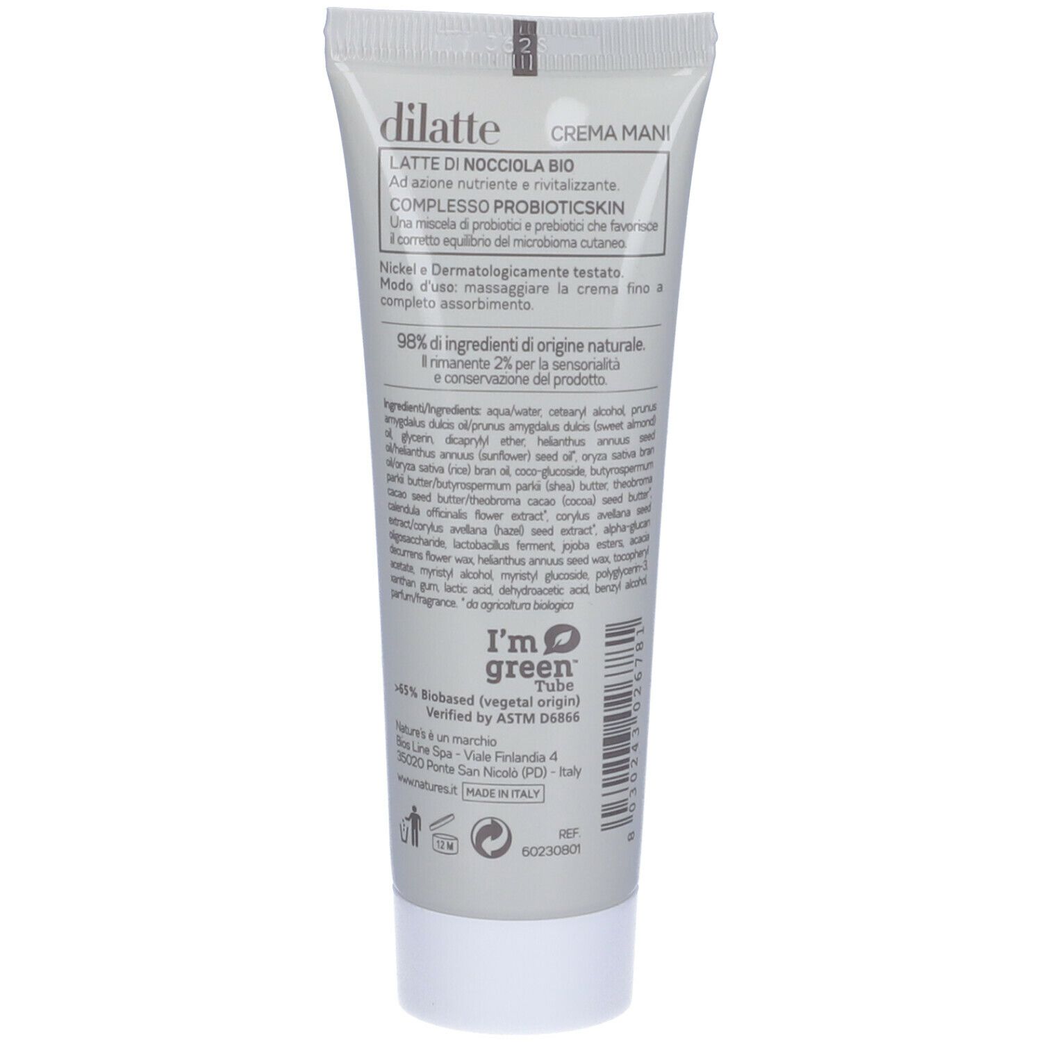 Retro del tubo crema NATURE'S dilatte. Testo: dilatte, Crema Mani, ingredienti, 98% ingredienti naturali. Logo I'm green.