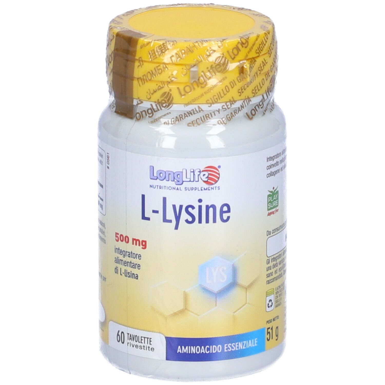 Flacone bianco, tappo giallo. Scritta: LongLife L-Lysine 500mg. 60 compresse. Sigillo di sicurezza.