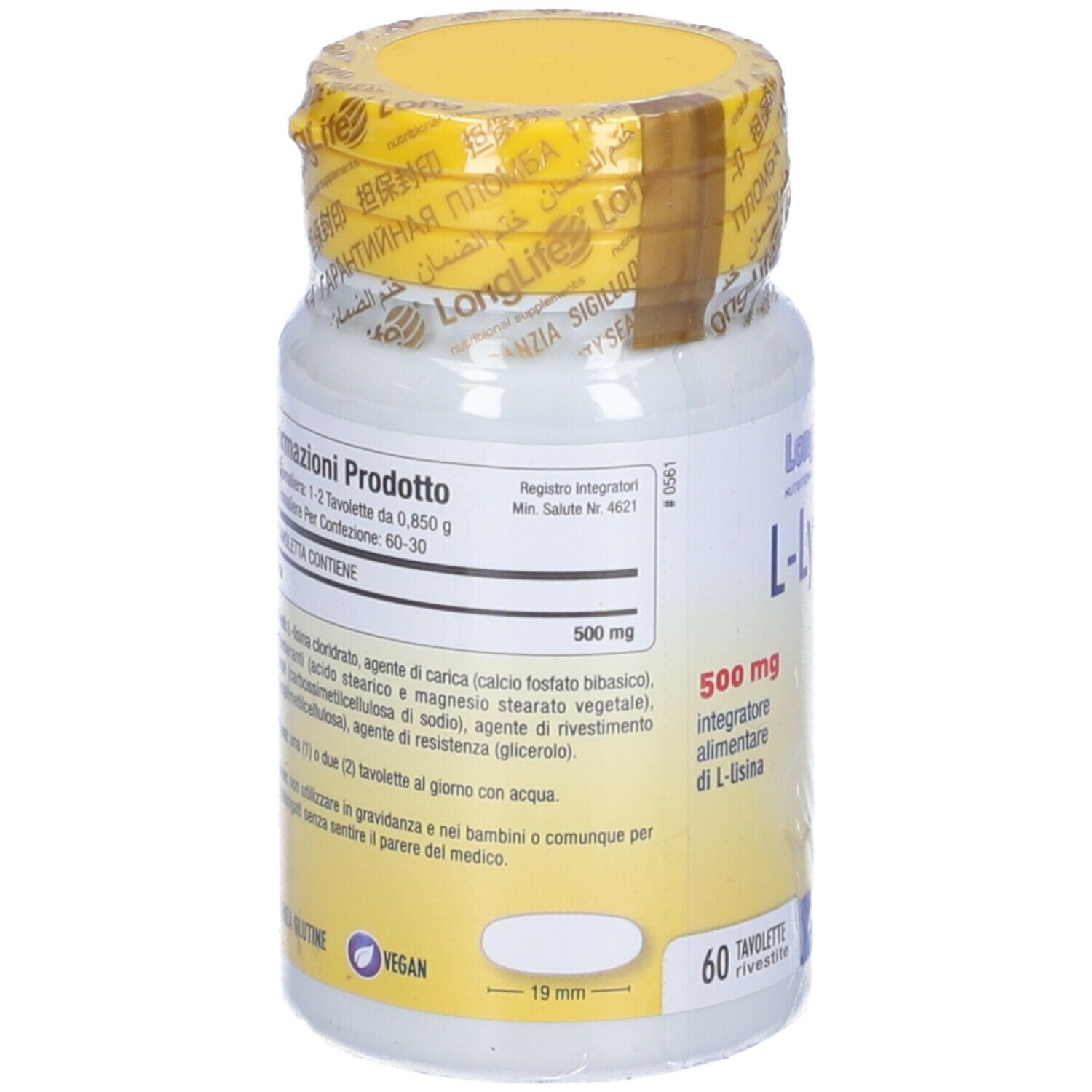 Flacone bianco, tappo giallo. Scritta: LongLife L-Lysine 500mg. 60 compresse. Lista ingredienti.