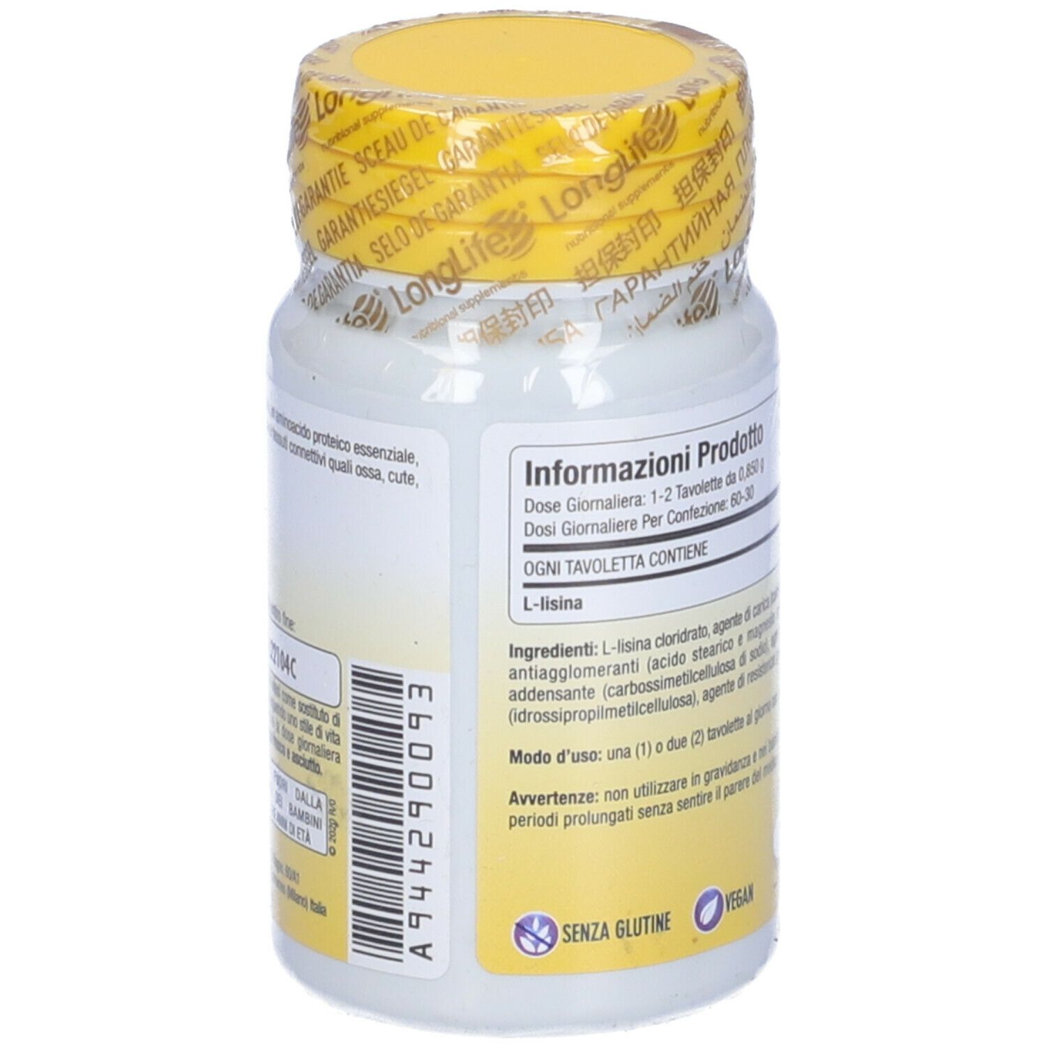 Flacone bianco, tappo giallo. Scritta: LongLife L-Lysine 500mg. 60 compresse. Codice a barre.
