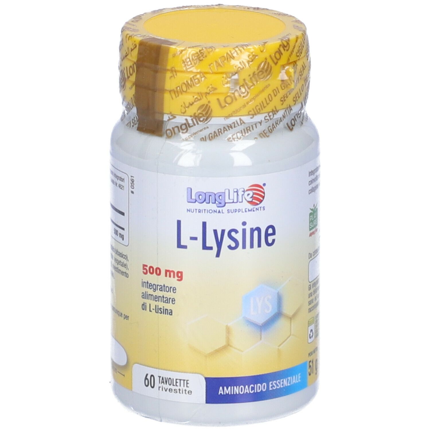 Flacone bianco, tappo giallo. Scritta: LongLife L-Lysine 500mg. 60 compresse. Aminoacido essenziale.